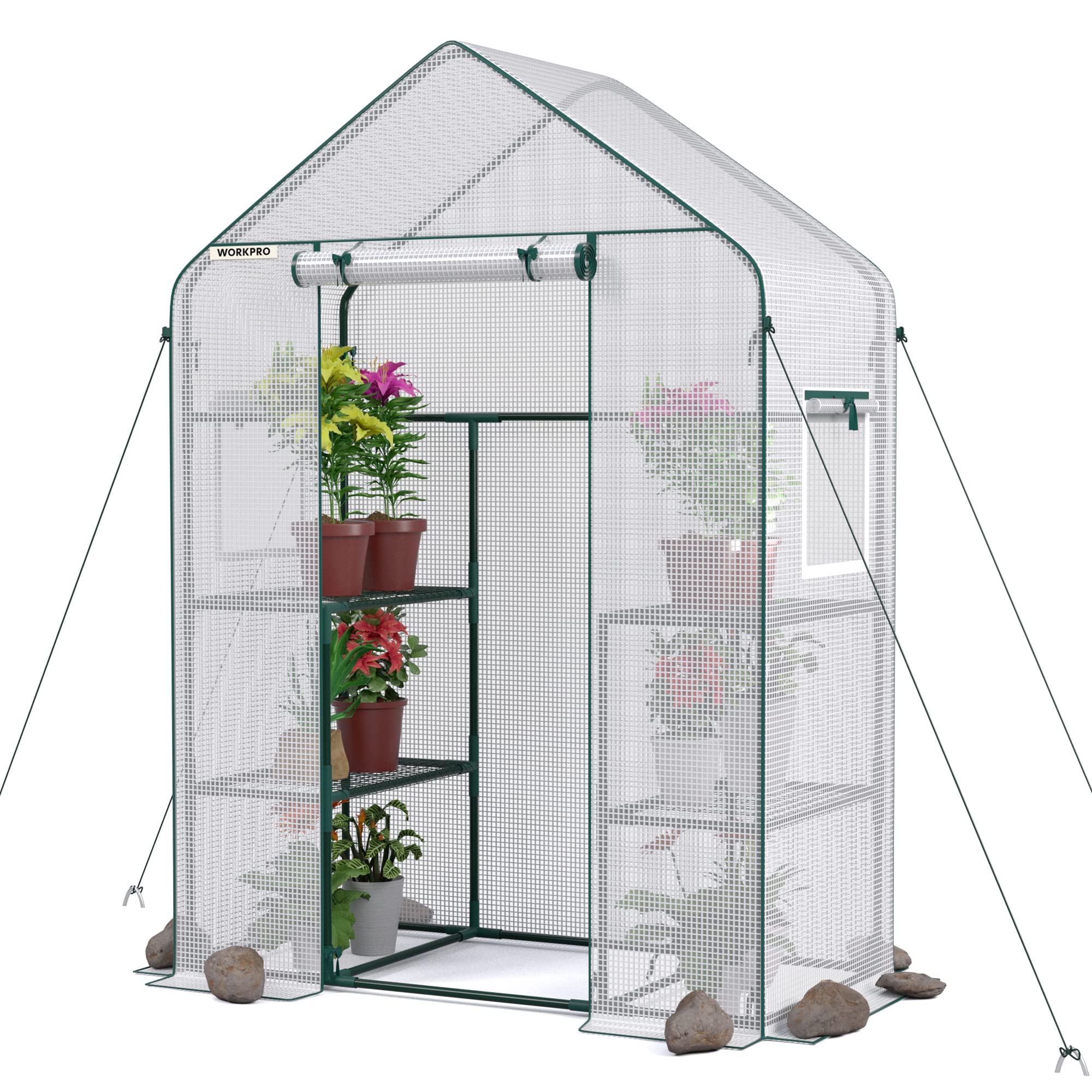 WORKPRO Greenhouse, 56"X 28" X 77" Portable Small Greenhouses for Outdoors & Indoors, Sturdy Green House Kit with Thicken PE Cover, Windows, 3 Tier 4 Shelves for Patio, Backyard, Balcony