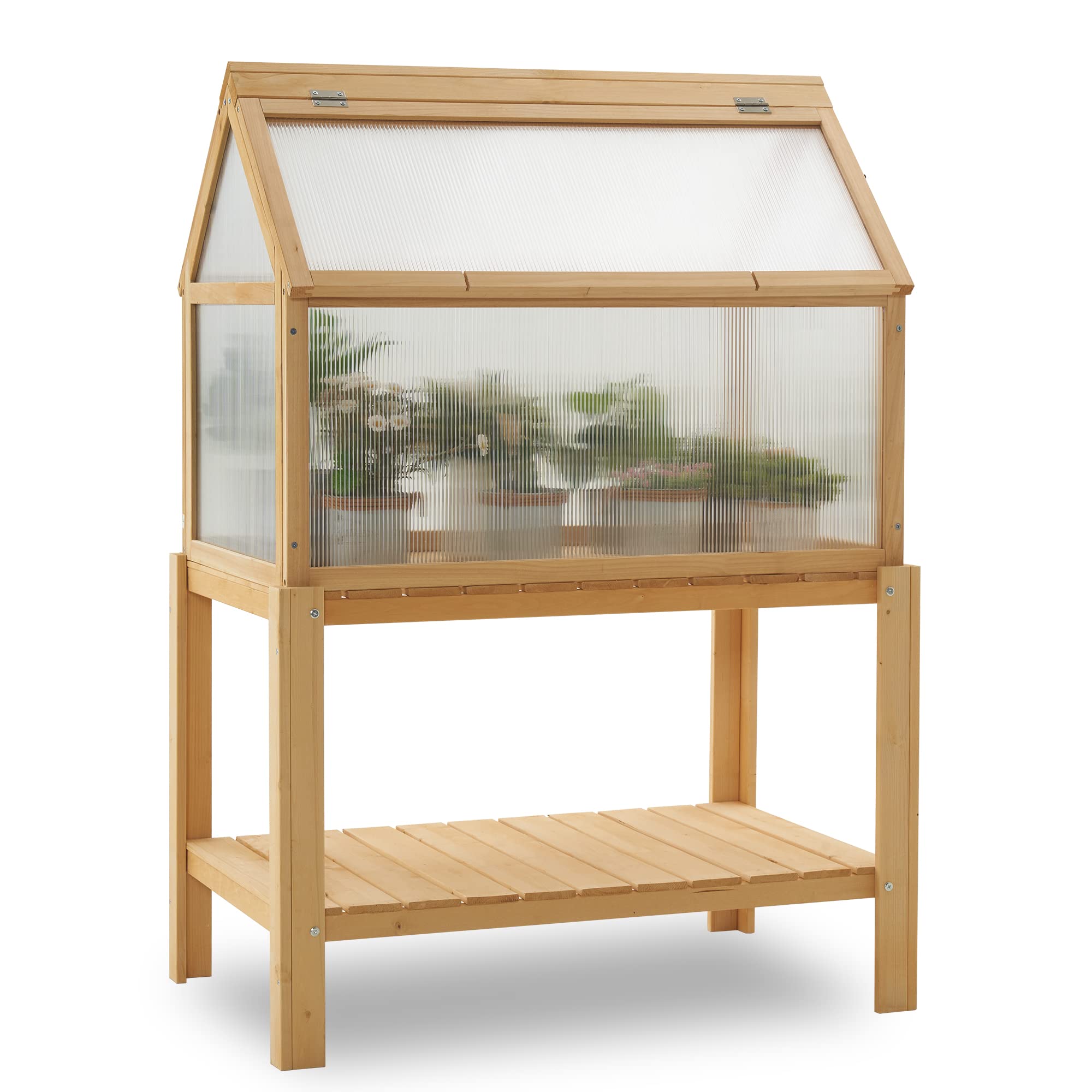 MCombo Cold Frame Greenhouse, Portable Wooden Greenhouse Raised Potted Plant Protection Box with Shelf for Outdoor Indoor Use, 0266 (Natural)
