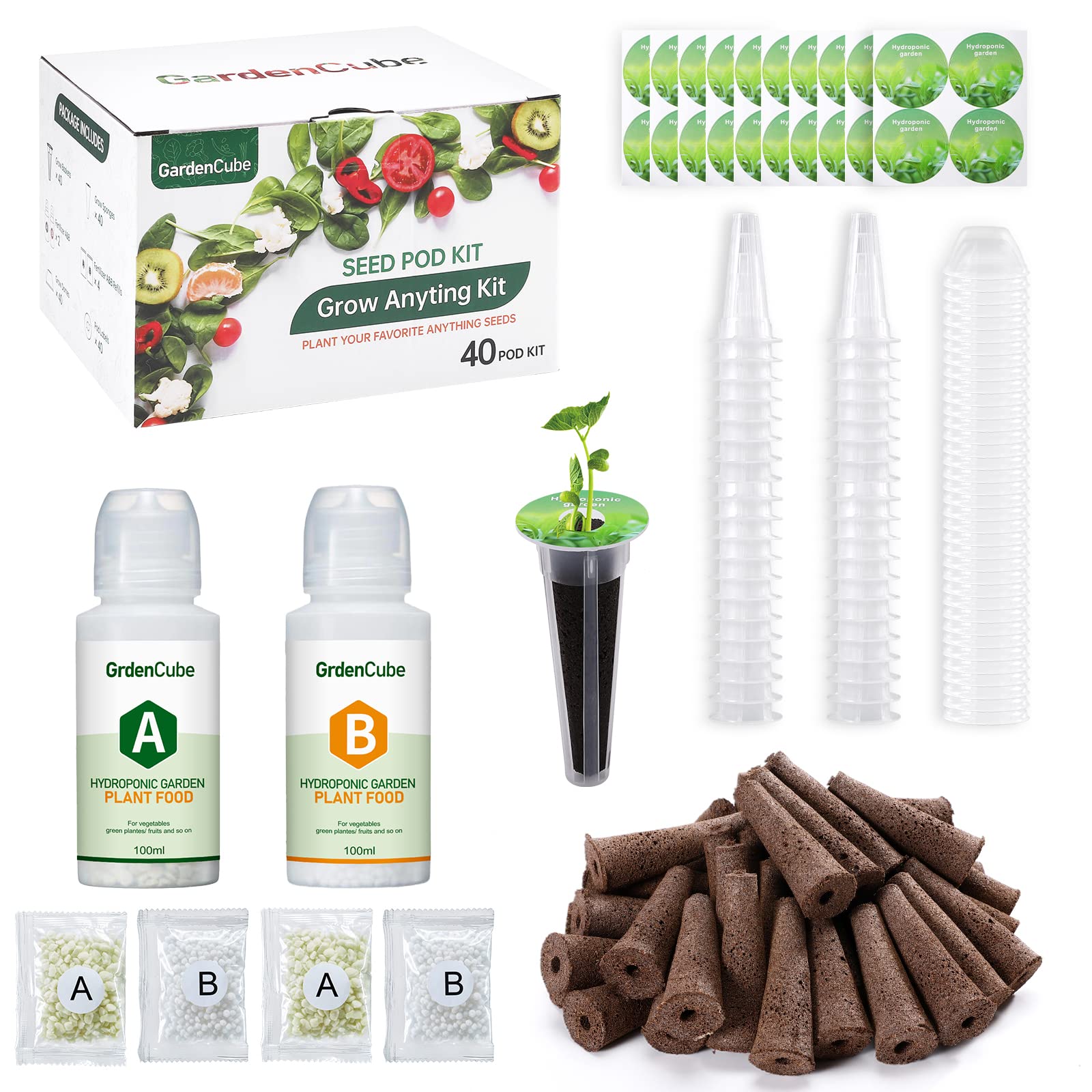 166pcs Hydroponic Pods Kit: Grow Anything Kit with 40 Grow Sponges, 40 Grow Baskets, 40 Grow Domes, 40 Pod Labels, 6 A&B Plant Food - Compatible with Hydroponics Supplies from All Brands
