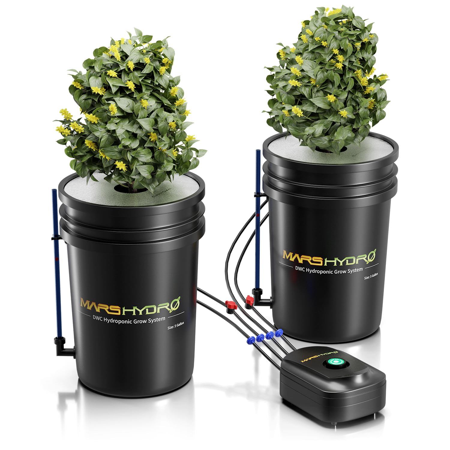 Mars Hydro DWC Hydroponics Grow System 5 Gallon Deep Water Culture with 8W Air Pump, Multi-Purpose Air Hose, Air Stone, 2 Buckets and Top Drip Kit