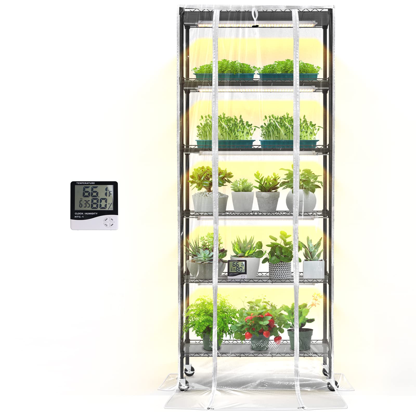 Plant Shelf with Grow Light, Grow Light Shelf with Cover and Thermometer, 6 Tier Plant Stand with Grow Light , Greenhouse with 150W Led Grow Light For Seed Starting , Tray (29.5"L×13.8"W×70"H)