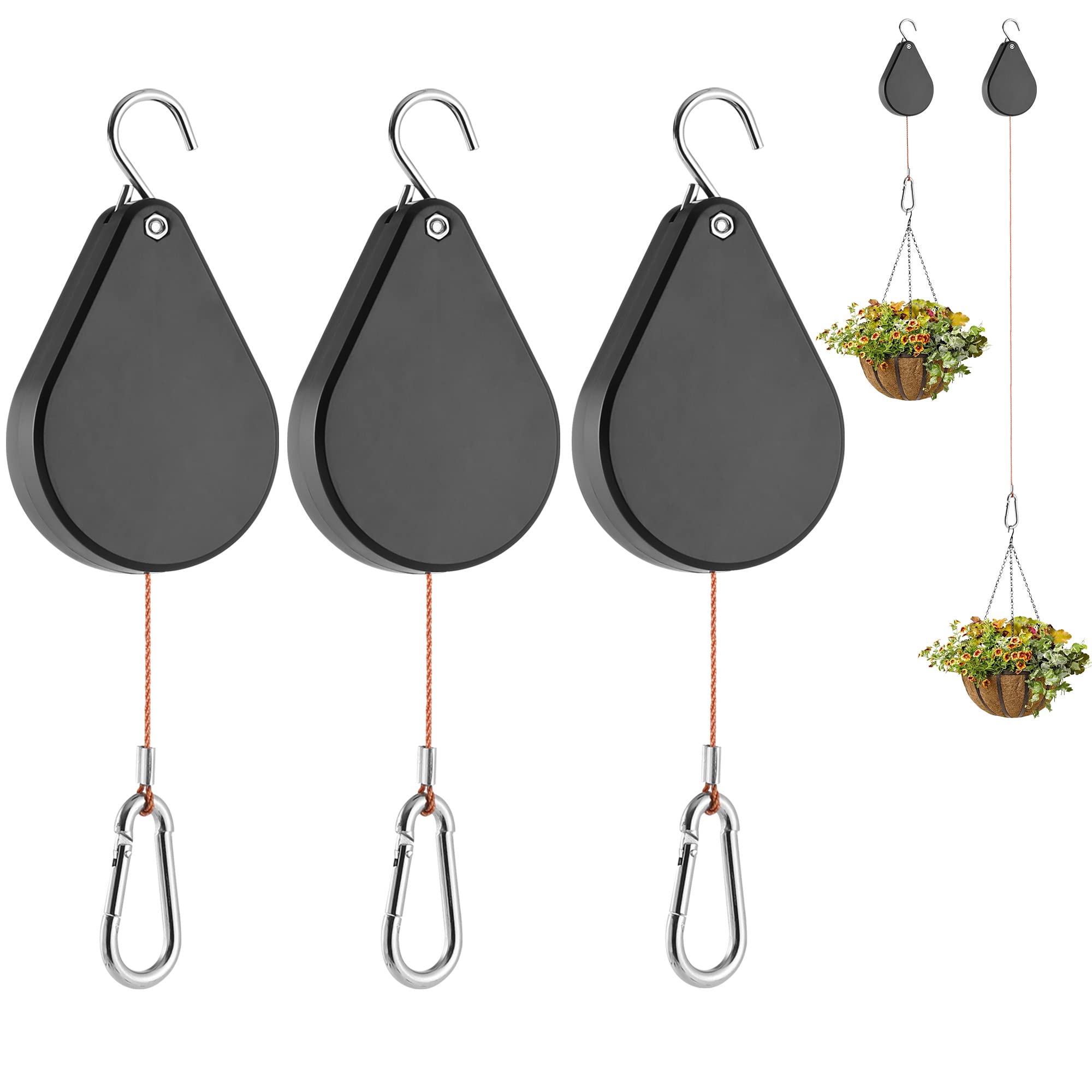 Upgraded Retractable Plant Hanger,Plant Pulleys for Hanging Plants,Easy to Raise and Lower,Auto Lock,Heavy Duty, Adjustable Hook for Garden Baskets Pots,Birds Feeder, 3 Pack