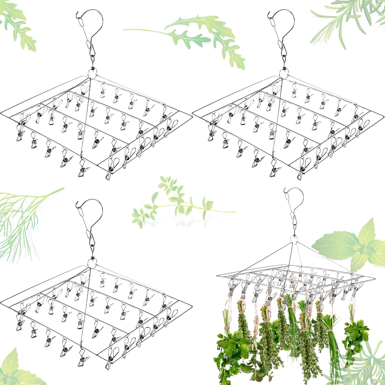 Bokon 4 Pcs Hanging Drying Rack for Herb Macrame Flower Drying Rack with 30 Stainless Clip Herb Dryer Hooks for Drying Herb Air Plants Spices Flowers Hydroponic Plants-Ready to Use with Ceiling Hook