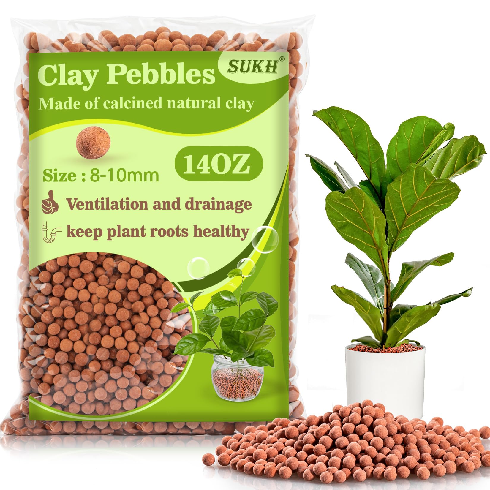 Sukh Clay Pebbles for Plants - 14 OZ Pebbles for Indoor Plants Clay Used for Drainage, Decoration, Aquaponics, Hydroponics and Other Gardening Essentials Hydroton Small Pebbles Leca