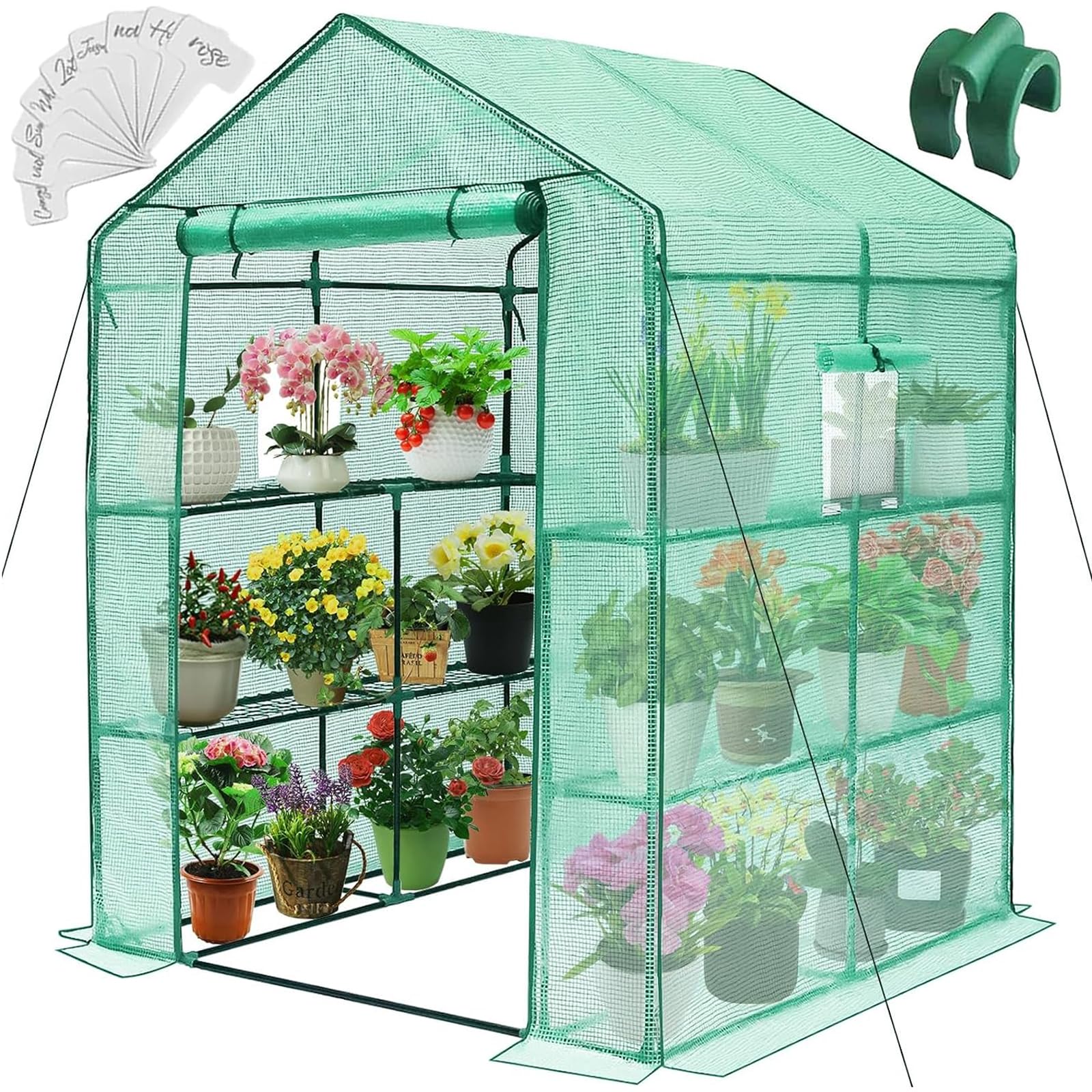 Greengro Greenhouse, 56 x 56 x 75'' Greenhouses for Outdoors, Durable Green House Kit with Window, Thicken PE Cover, 3 Tiers 8 Shelves, Heavy Duty Walk in Green Houses for Indoor Backyard Outside