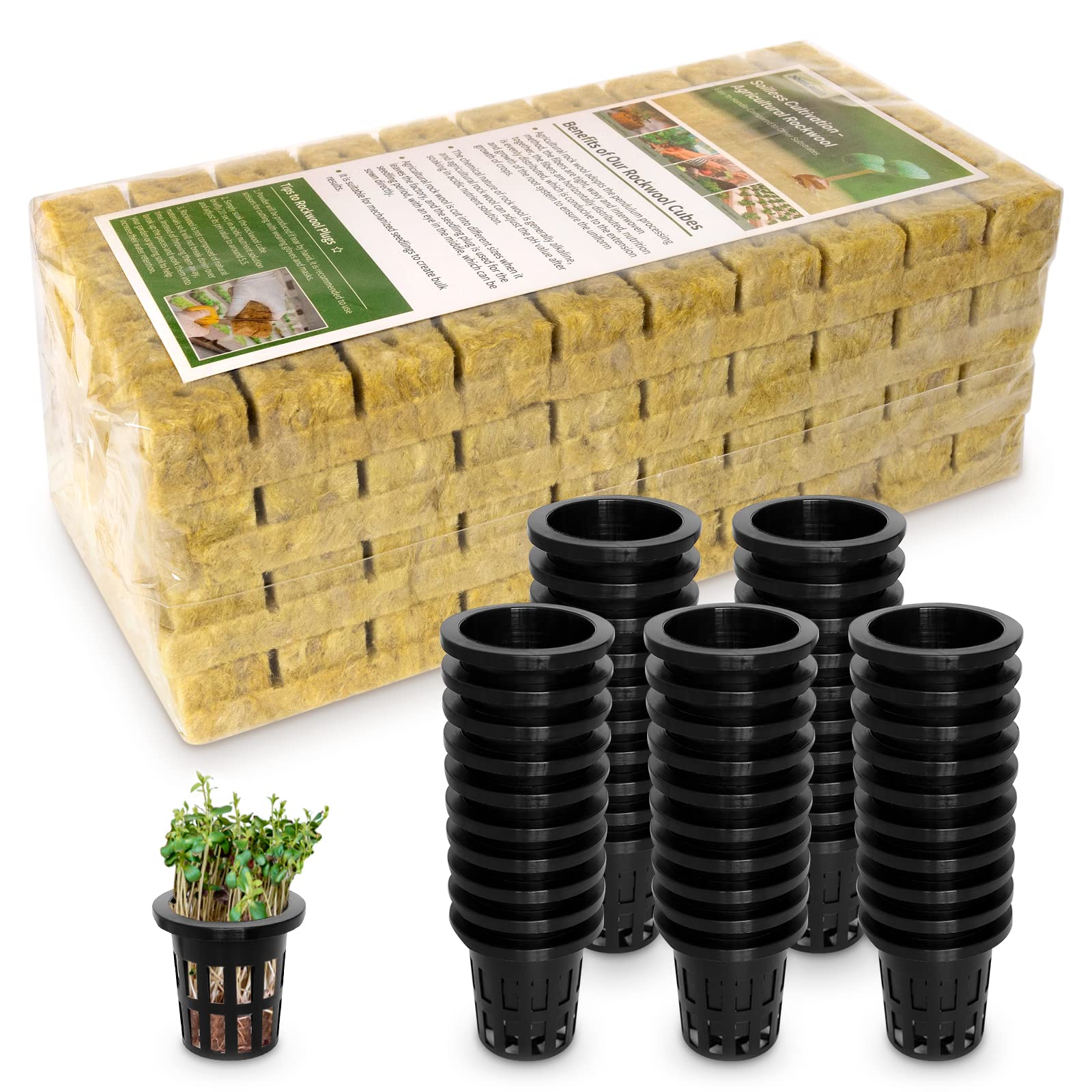 1" Rockwool Cubes for Hydroponics 200 Plugs with 50 Pack 1.5 inch Net Pots Hydroponics Supplies Cups for Rooting, Clone Plants, Starting Seeds, Ideal Rockwool for Hydroponic Growing