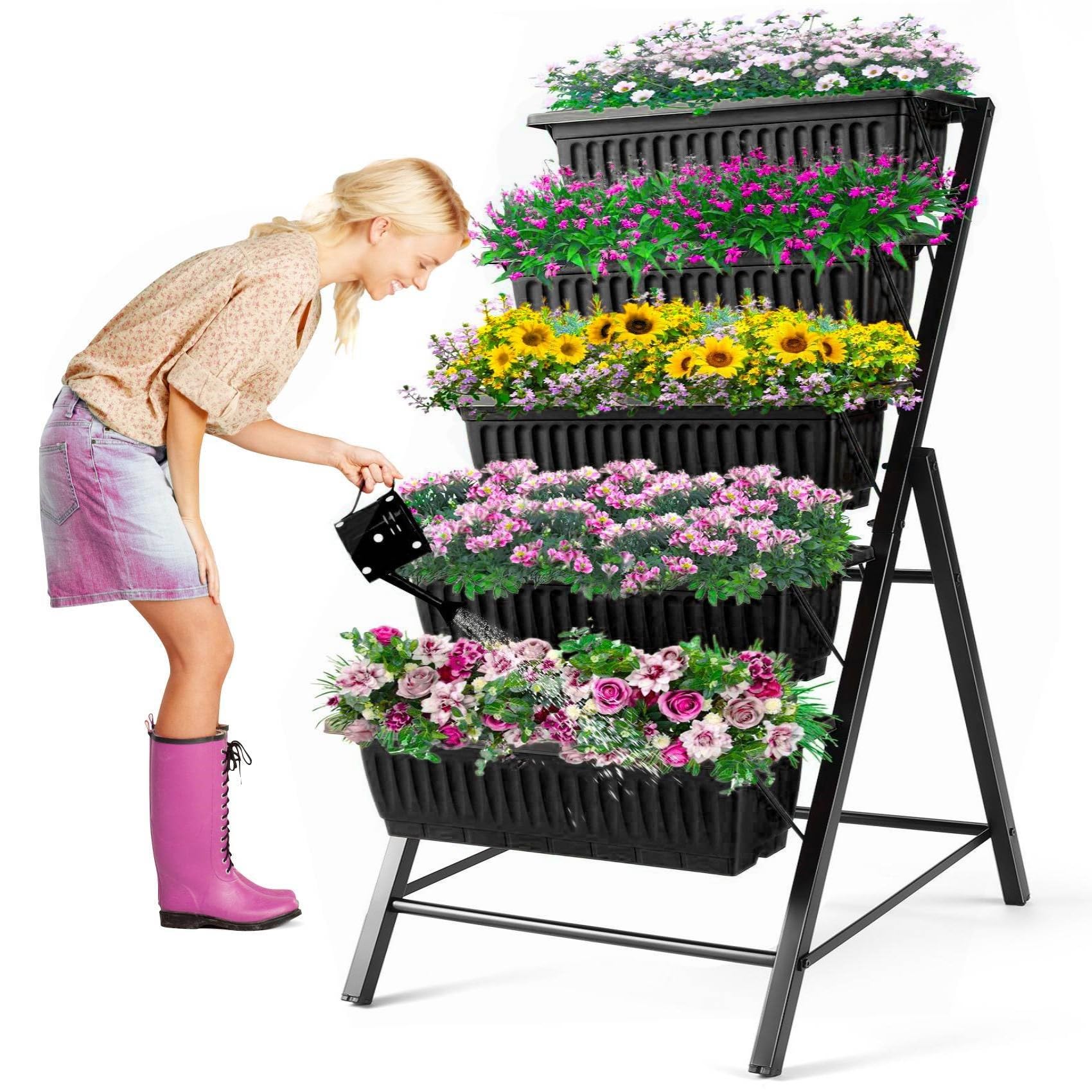 Homdox 3.74FT Vertical Garden Bed, 5 Tiers Vertical Raised Garden Planter, 23 * 26 * 45Inch Outdoor Garden Raised Bed with 4 Hooks, Vegetable Flower Planter Raised Stand for Garden Patio Yard, Black