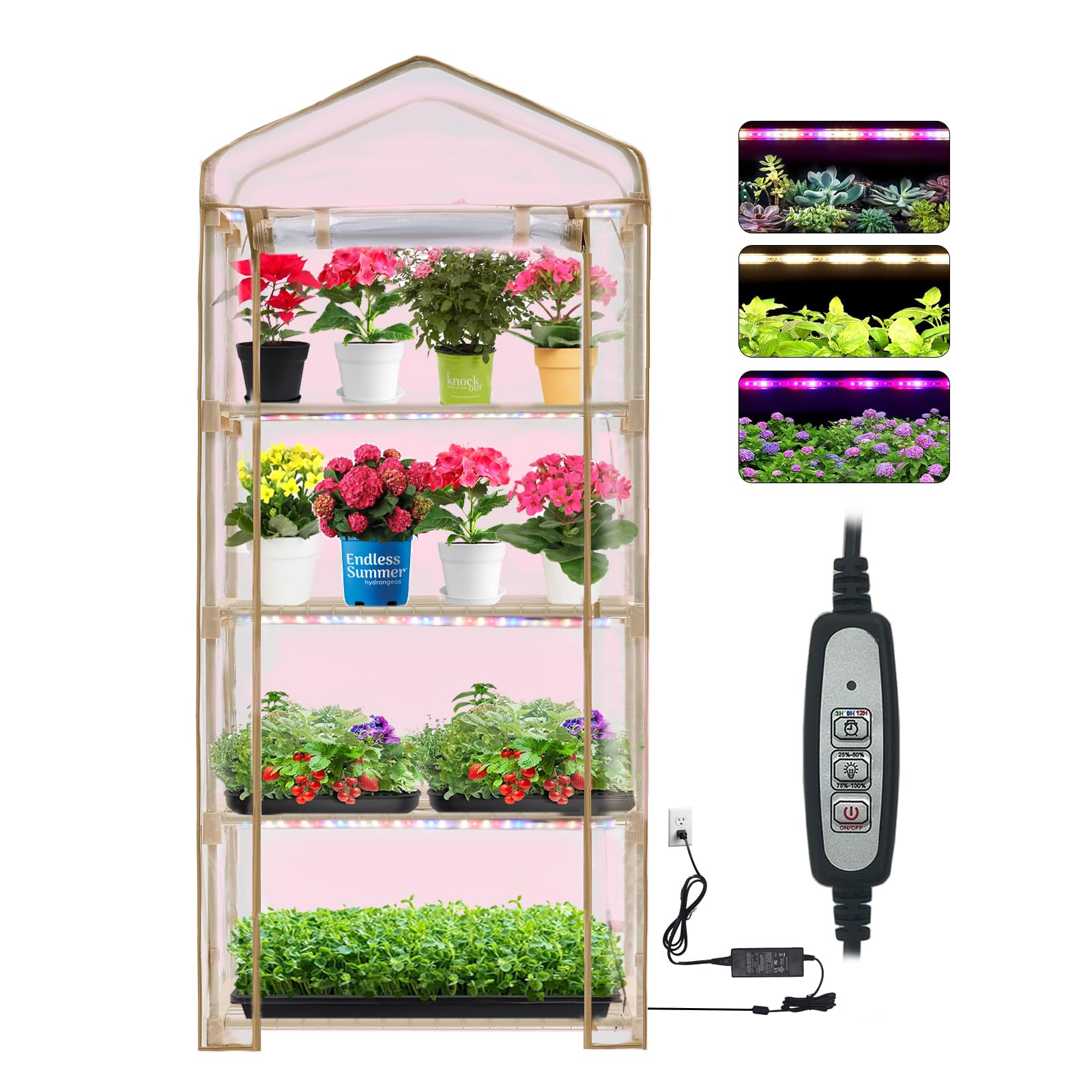 Mini Greenhouse with Grow Light , 4 Tier 27.2" ×19.9" ×61.8" Portable Greenhouse with Zippered for Seed Starting Trays , Dimmable 2ft 60W Plant Light for Indoor Plant with Timer(PLGH704OWPT)