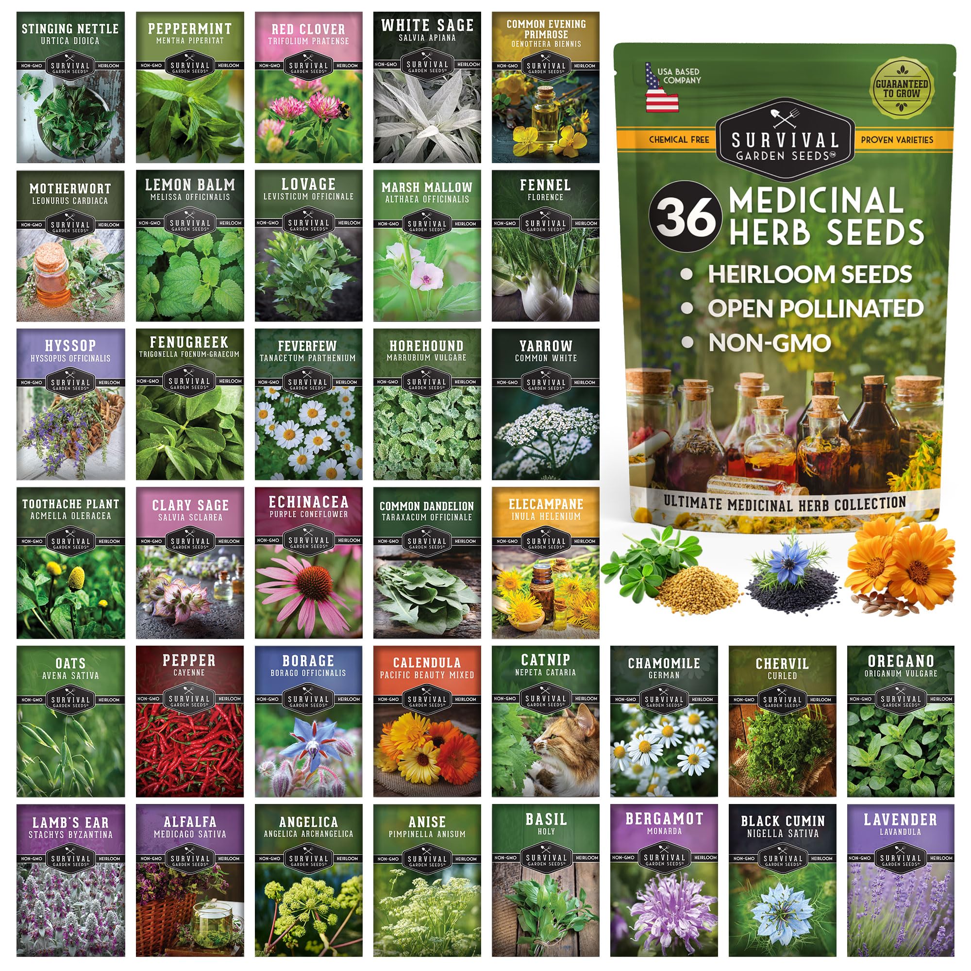 Ultimate Medicinal Herbs Collection - 36 Variety Pack of Herb Seeds for Growing Essential Healing Plants - Mixed Assortment for Homesteaders - Non-GMO Heirloom Varieties - Survival Garden Seeds