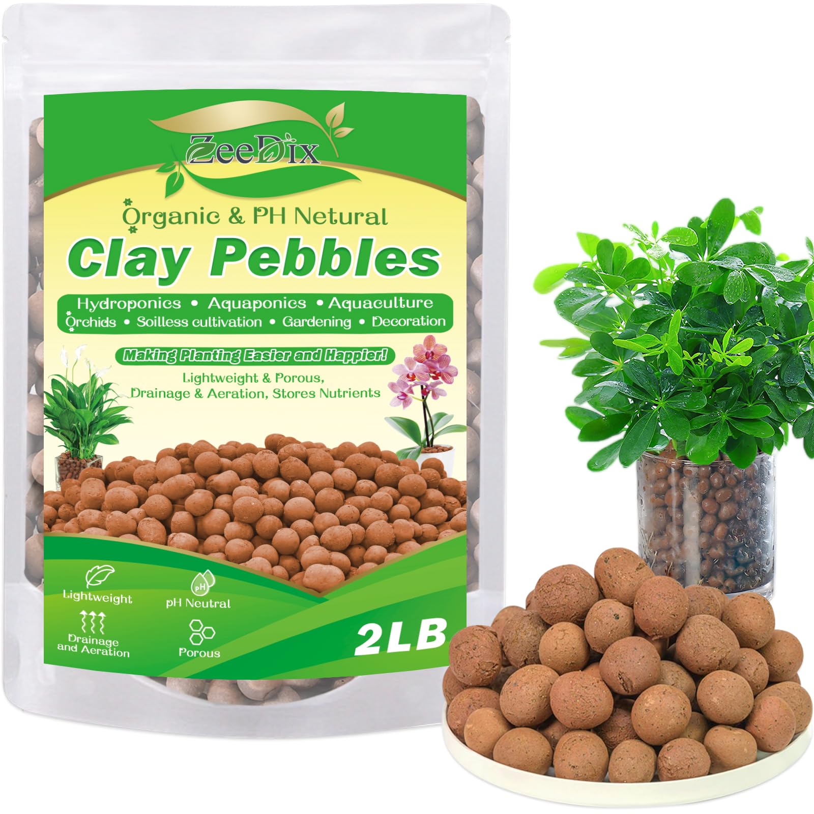 ZeeDix 2LBS Expanded Clay Pebbles for Plants, 4mm-16mm Leca for Plants Clay Aggregate Grow Media, Natural Organic Clay Balls for Hydroponic, Gardening, Orchids, Decoration, Aquaponics