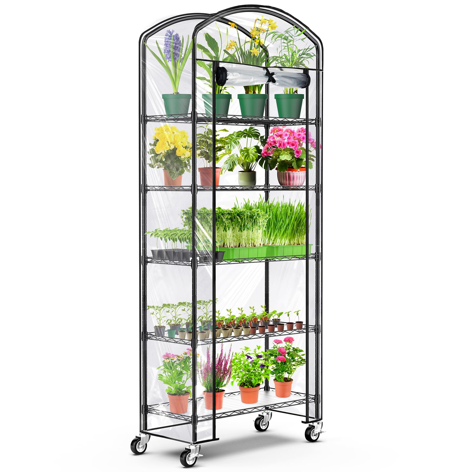 Abimars 5-Tier Greenhouse with Caster Wheel, Each Shelf Height Adjustable Metal Plant Shelf with PVC Cover for Seed Starting Trays, Seedling Pots, Plant Pots, 13x29x73inch