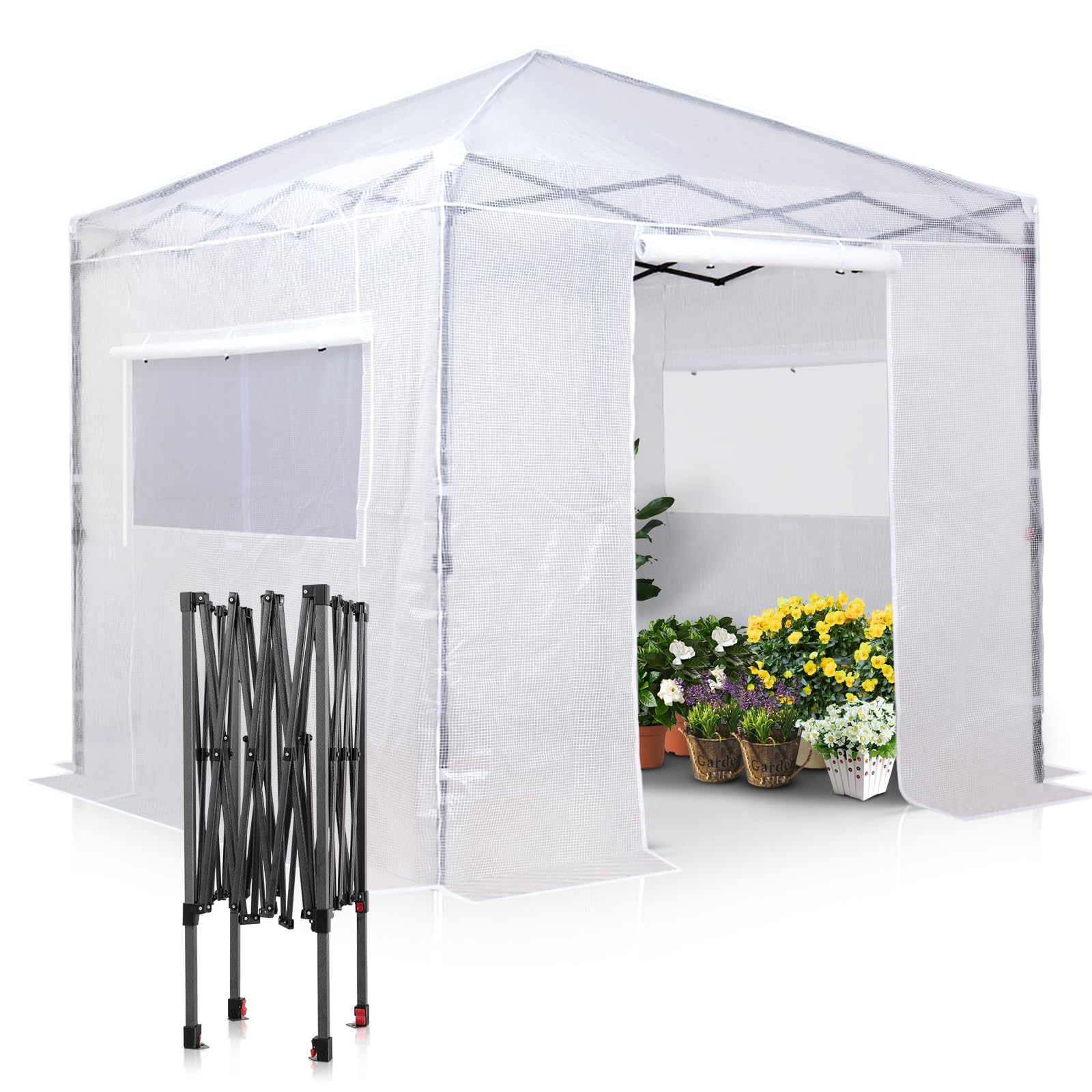 EAGLE PEAK 8x8 Portable Walk-in Greenhouse, Pop-up Indoor Outdoor Garden Green House, Zippered Doors and Windows, PE Cover, White