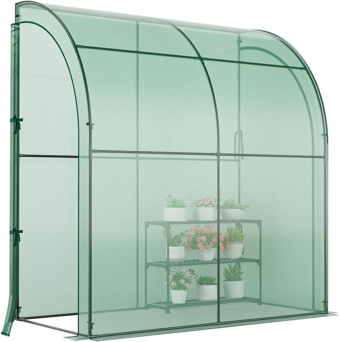 Happygrill Walk-in Greenhouse, Indoor Outdoor Greenhouse with 3 Tiers Flower Rack, Weatherproof PE Cover & Roll-up Zipper Doors, Lean to Greenhouse for Garden Backyard Balcony