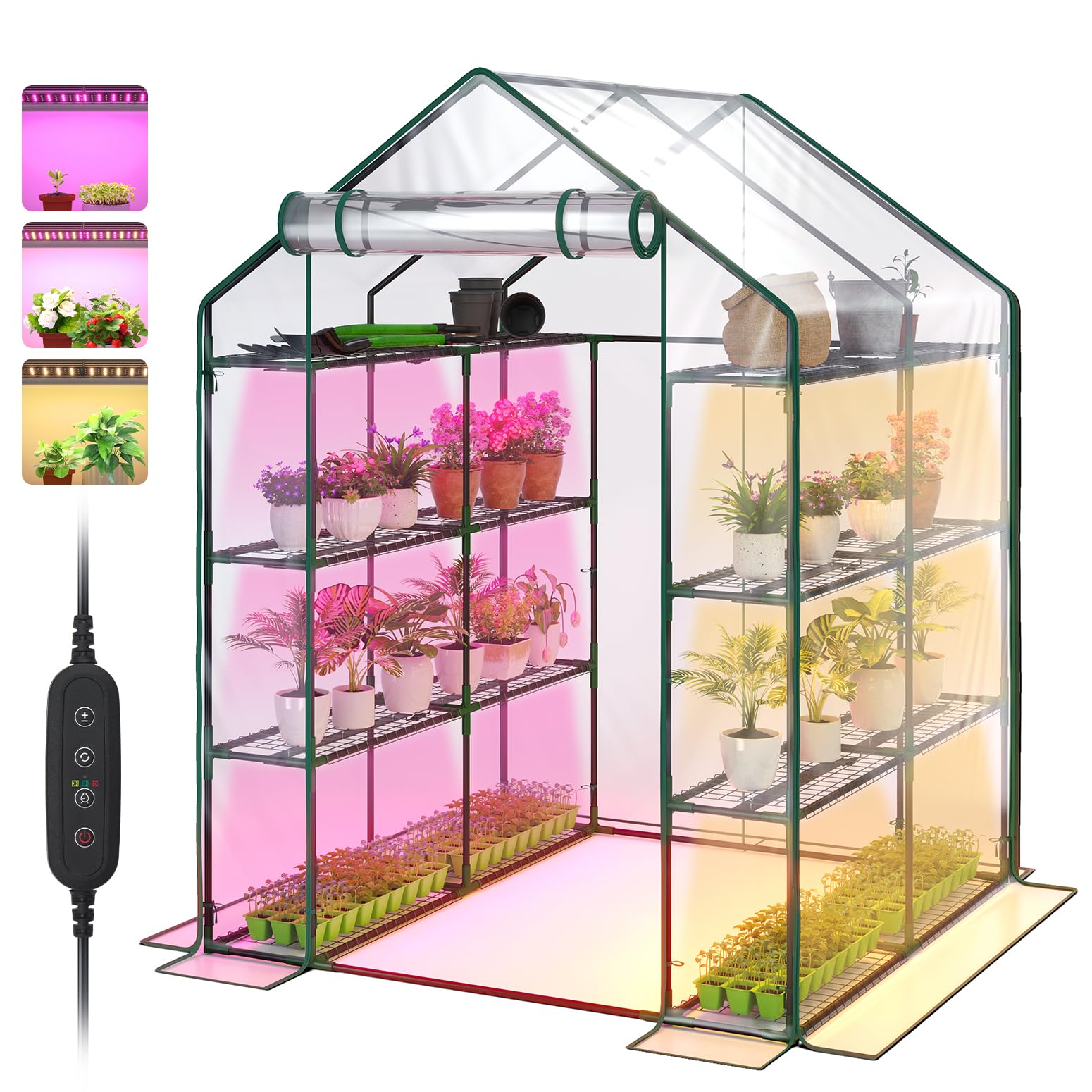 Walk In Greenhouse, Indoor Greenhouse with Grow Lights, Mini Indoor Greenhouse with Roll-Up Zipper Entry Door and PVC Cover, Dimmable 2FT 120W Plant Light with Timer (56.3"W X 56.3"L X 76.8"H )