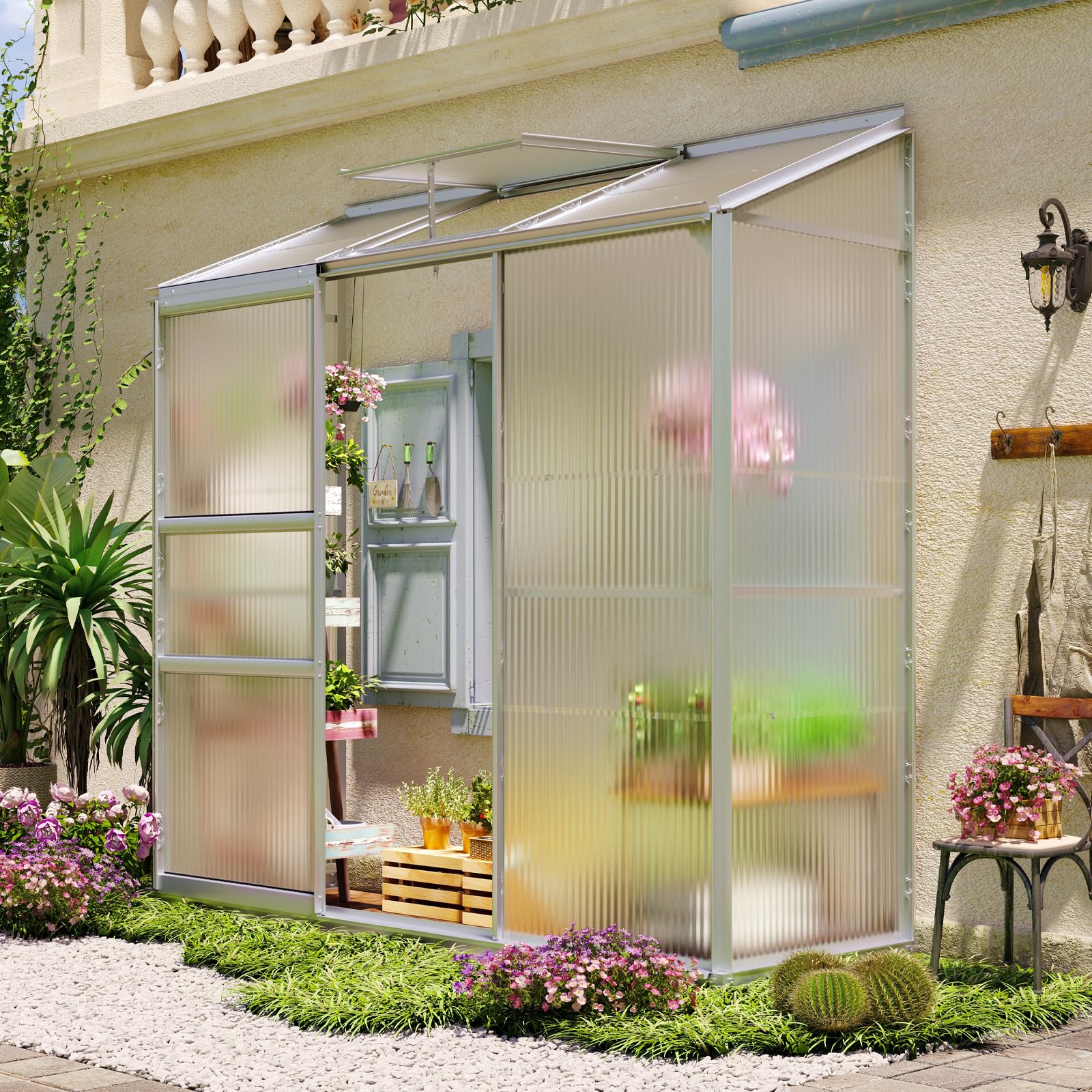 6x2ft Lean-to Polycarbonate Greenhouse, Small Walk-in Greenhouse, with Adjustable Roof Vent, Rain Gutter and Sliding Door, Outdoor Greenhouse for Terrace, Backyard Greenhouse 6'x2'