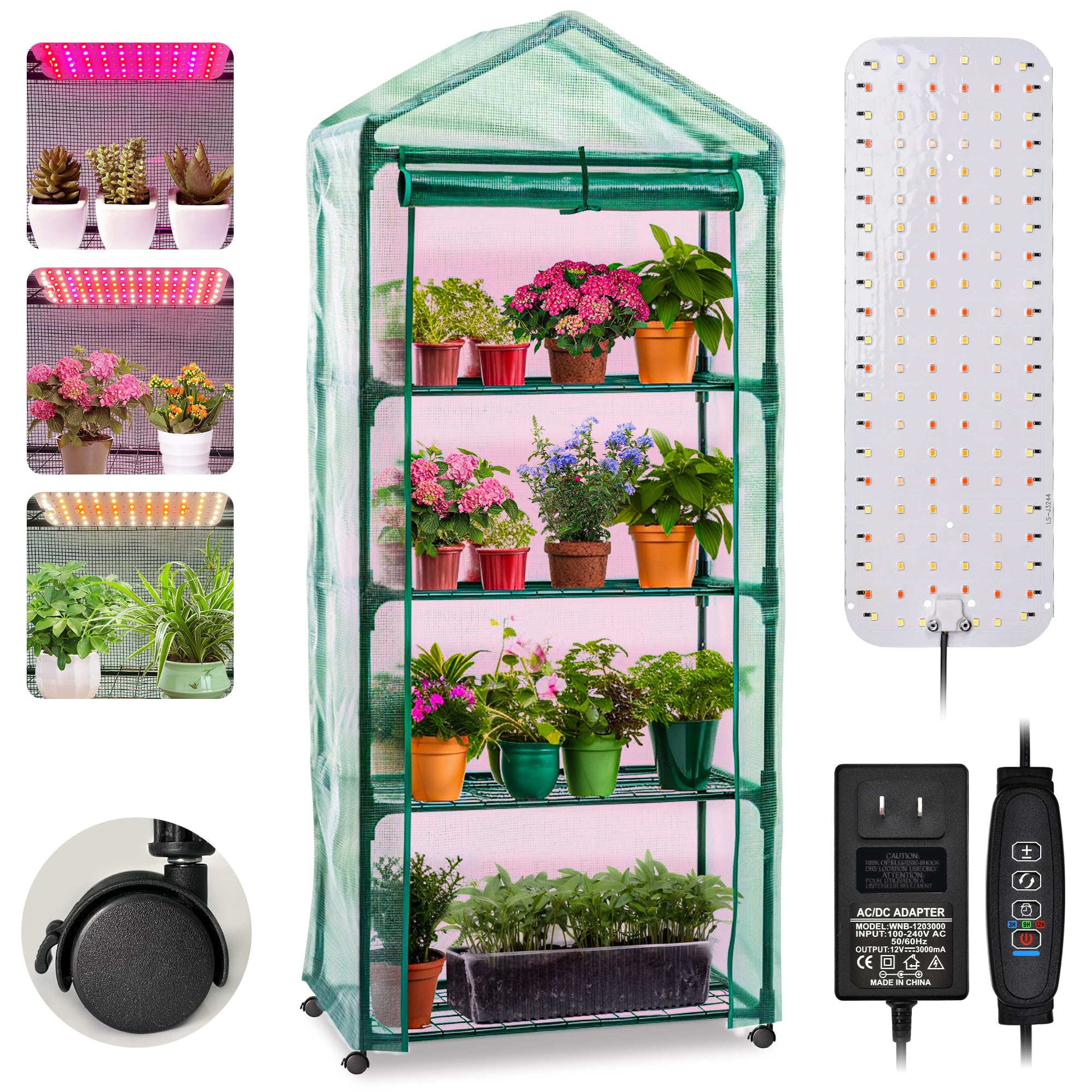 Indoor Greenhouse with Grow Light, Portable 4 Tier Mini Greenhouse Tent with PVC Cover and Shelves for Seed Starting, Dimmable 30W Plant Growing Light, 61.8*27.1*19.2inch