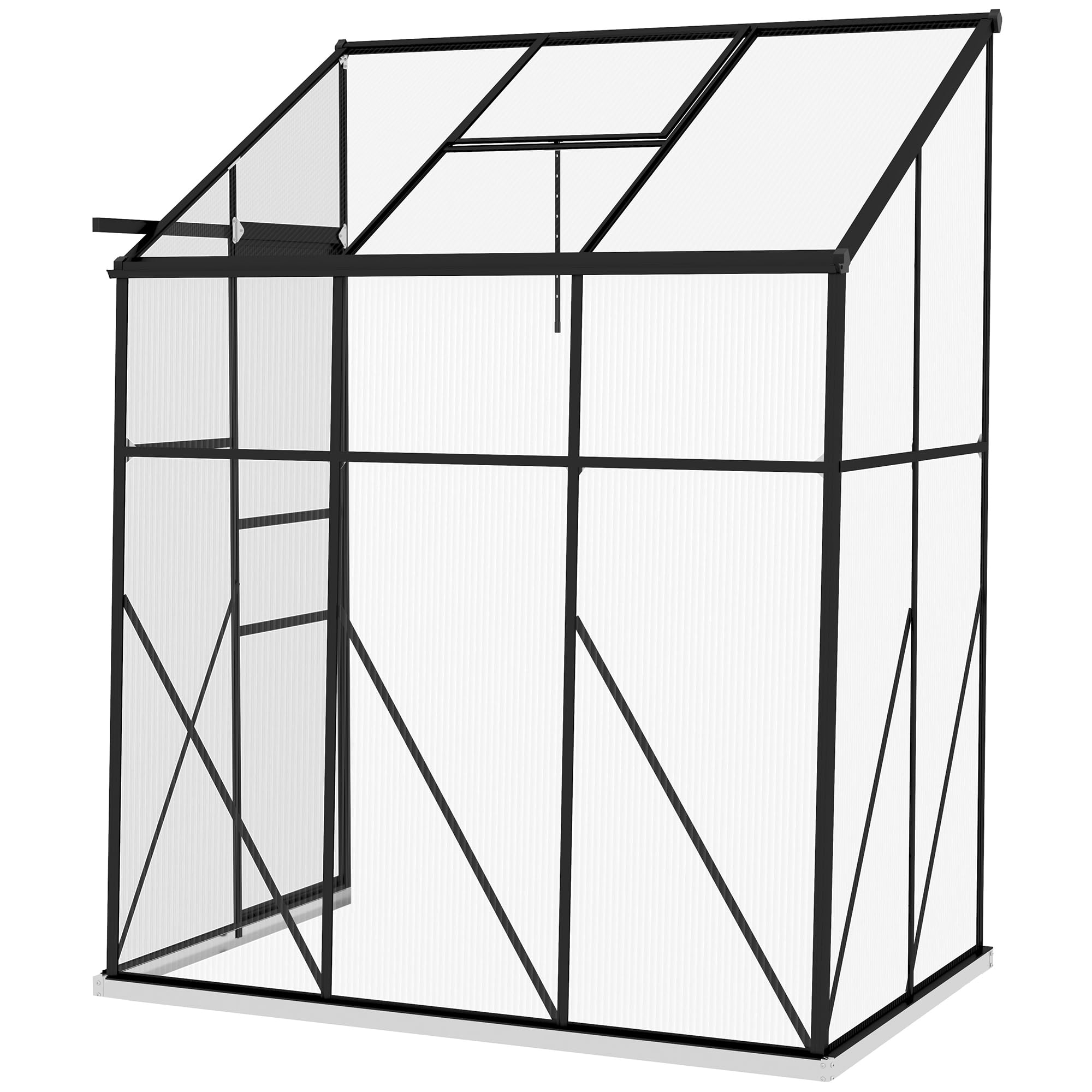 Outsunny 6' x 4' Lean-to Polycarbonate Greenhouse, Walk-in Hobby Green House with Sliding Door, 5-Level Roof Vent, Rain Gutter, Garden Plant Hot House with Aluminum Frame and Foundation, Black