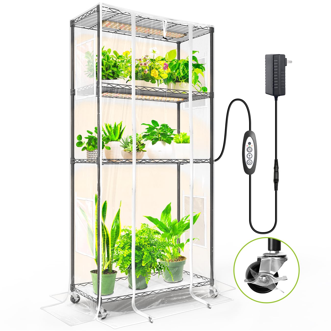 Indoor Greenhouse with Grow Light and Shelves - 4 Tier Plant Stand with Grow Light, Zippered PVC Cover and 3 Dimmable 1.8FT 60W Grow Lights with Timer, 30"(L) X 14"(W) X 59"(H)