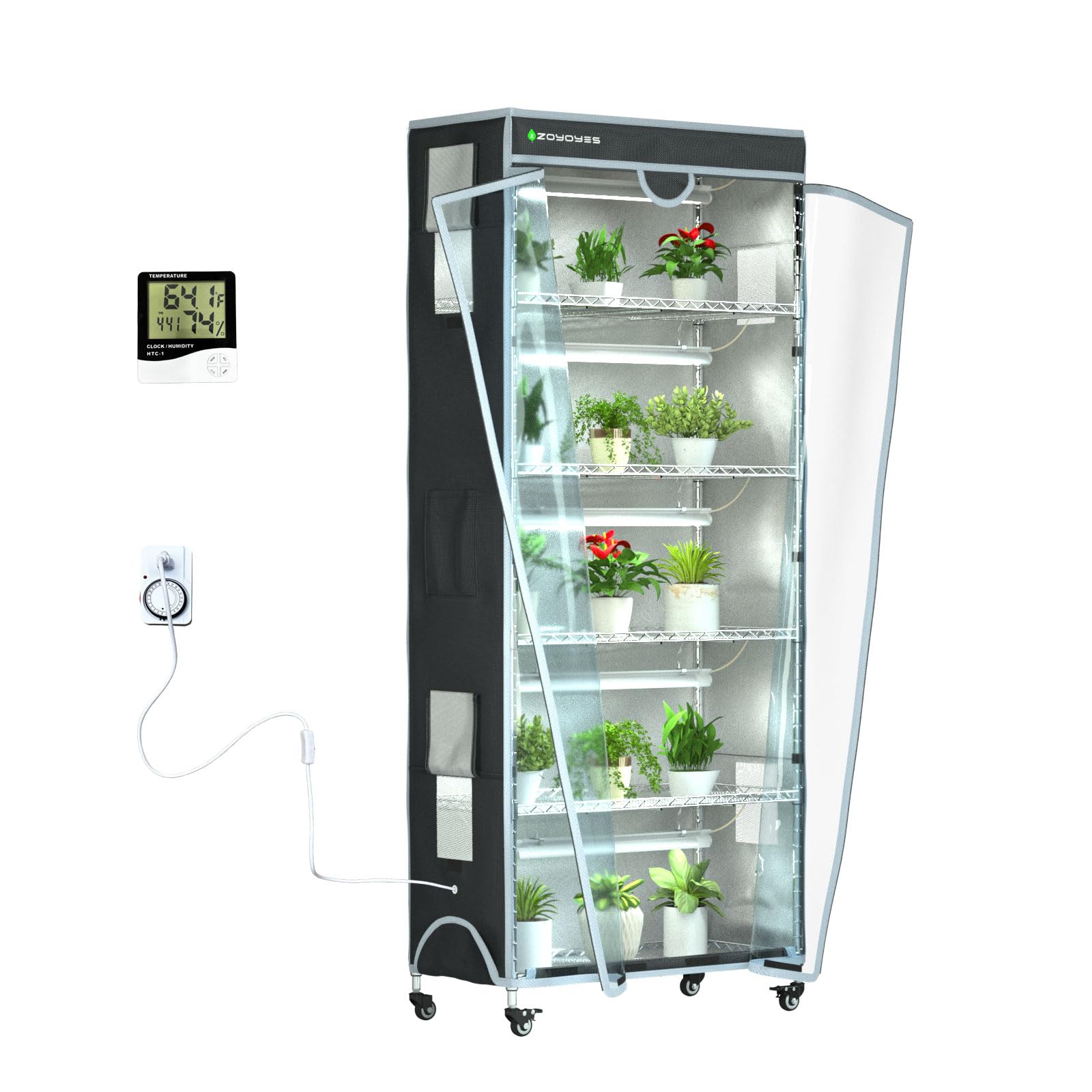 Indoor Greenhouse with Cover 6-Tiered with 5 Sets of T8 LED Growth Lights Plant Rack with Thermometer Timer for Seedling Propagation and Flowering, 29.8 "LX13.9 WX71.8 H