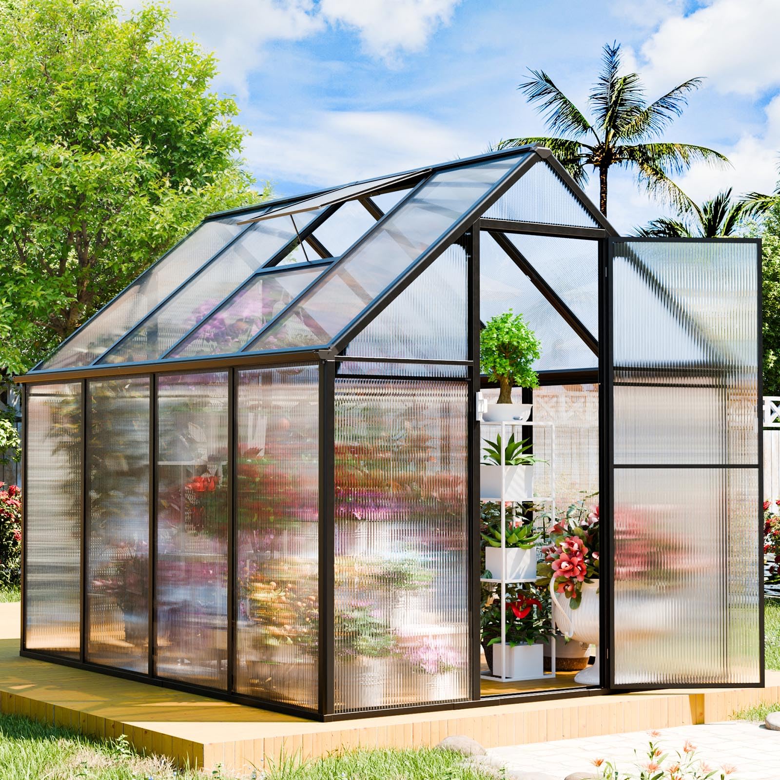 Polycarbonate Greenhouse Kit,8x6x6 FT Outsides Heavy Duty Green House with Windows Door for Backyard Garden, Outside Walk in Plant Greenhouses,Black Thick Frame