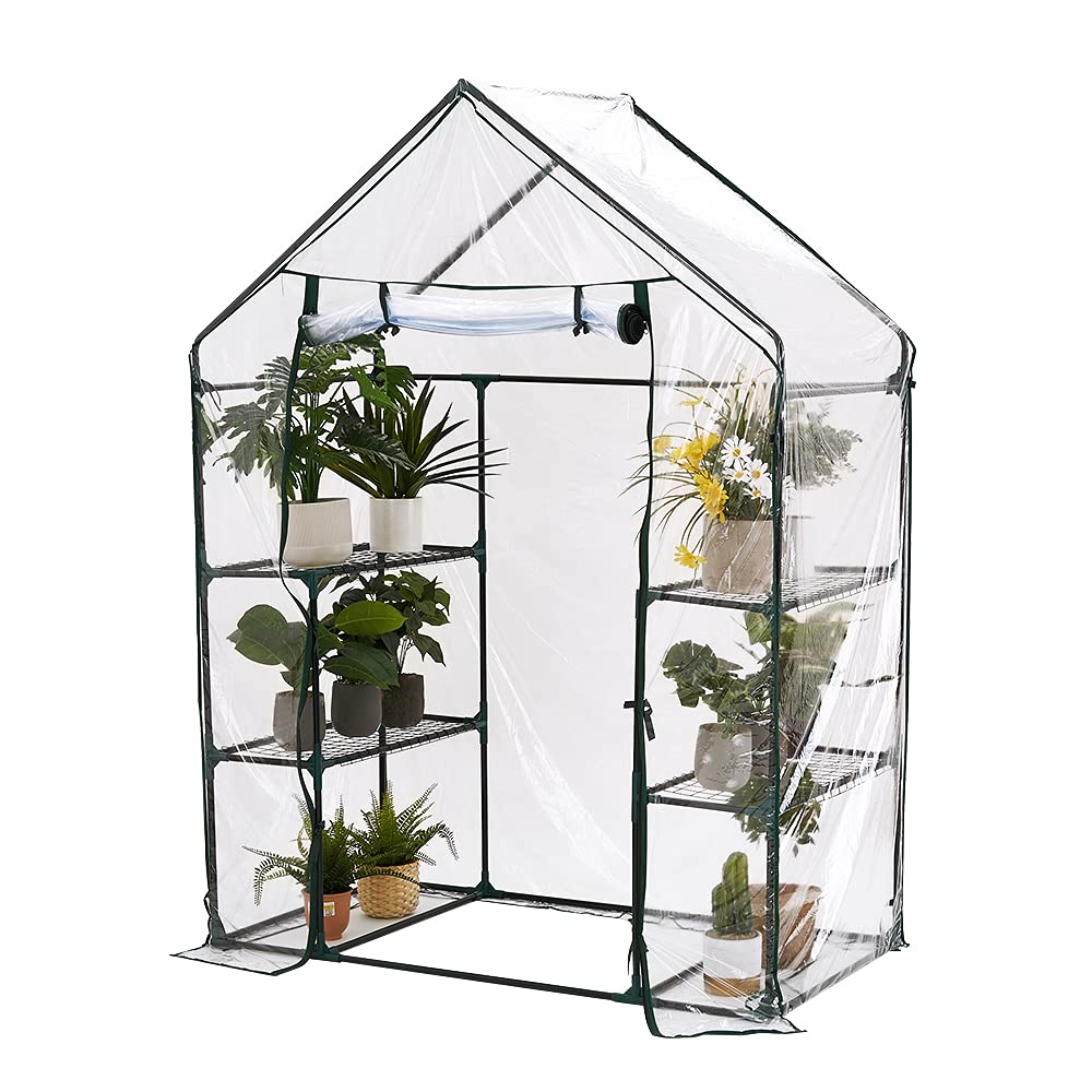 Panana Greenhouse 3 Tier 6 Shelves Green House Walk-in Portable Plant Garden Warm House 4'8" x2'4" Plastic Plant with Zipper Door PVC Cover 56x29x77 inch (GSGH05)