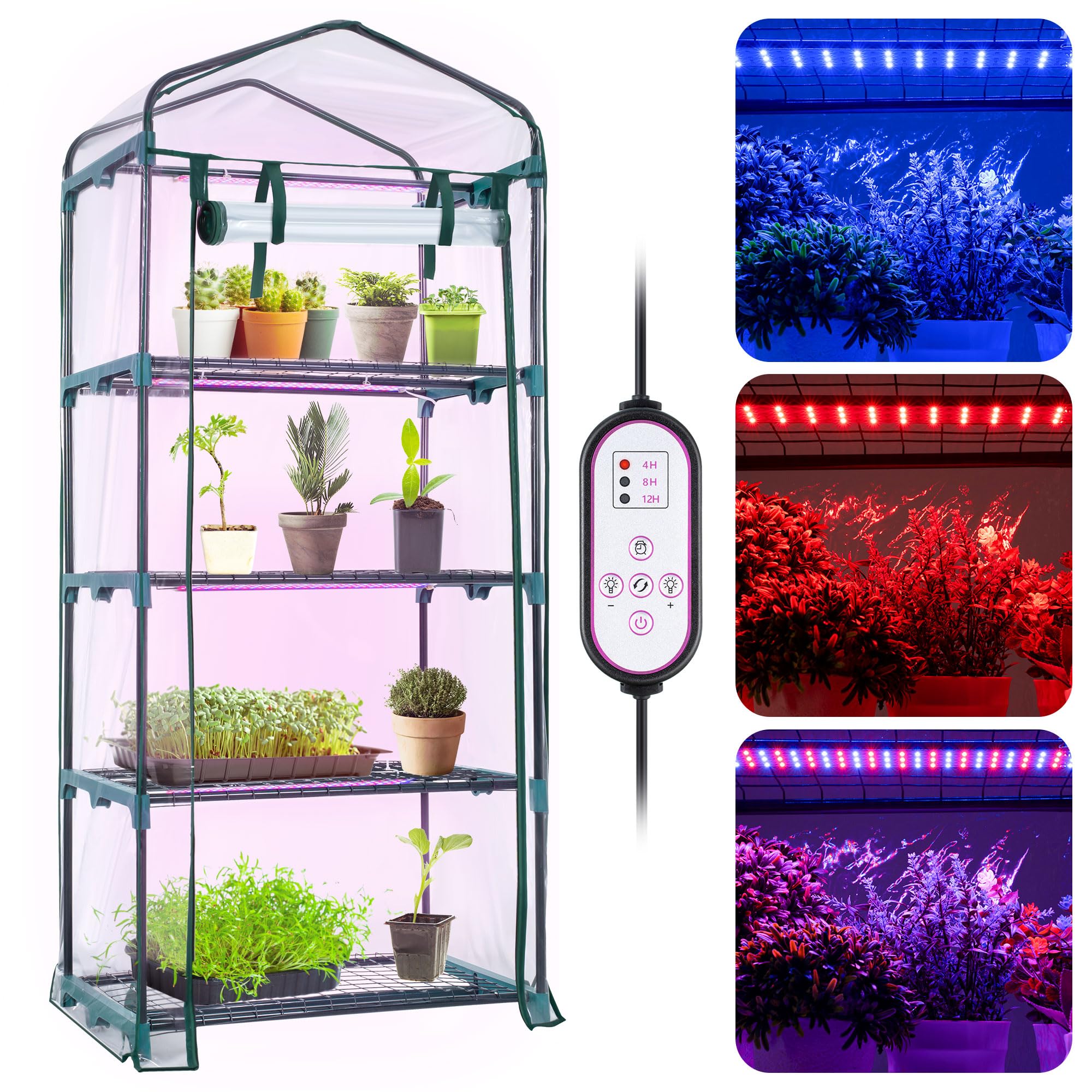 Meonum Indoor Greenhouse with LED Grow Lights, 4 Tier Mini Greenhouse with Roll-Up Zipper PVC Waterproof Cover and Trays, Dimmable Plant Grow Light for Indoor Plant with Timer, 27" L X 19" W X 63" H