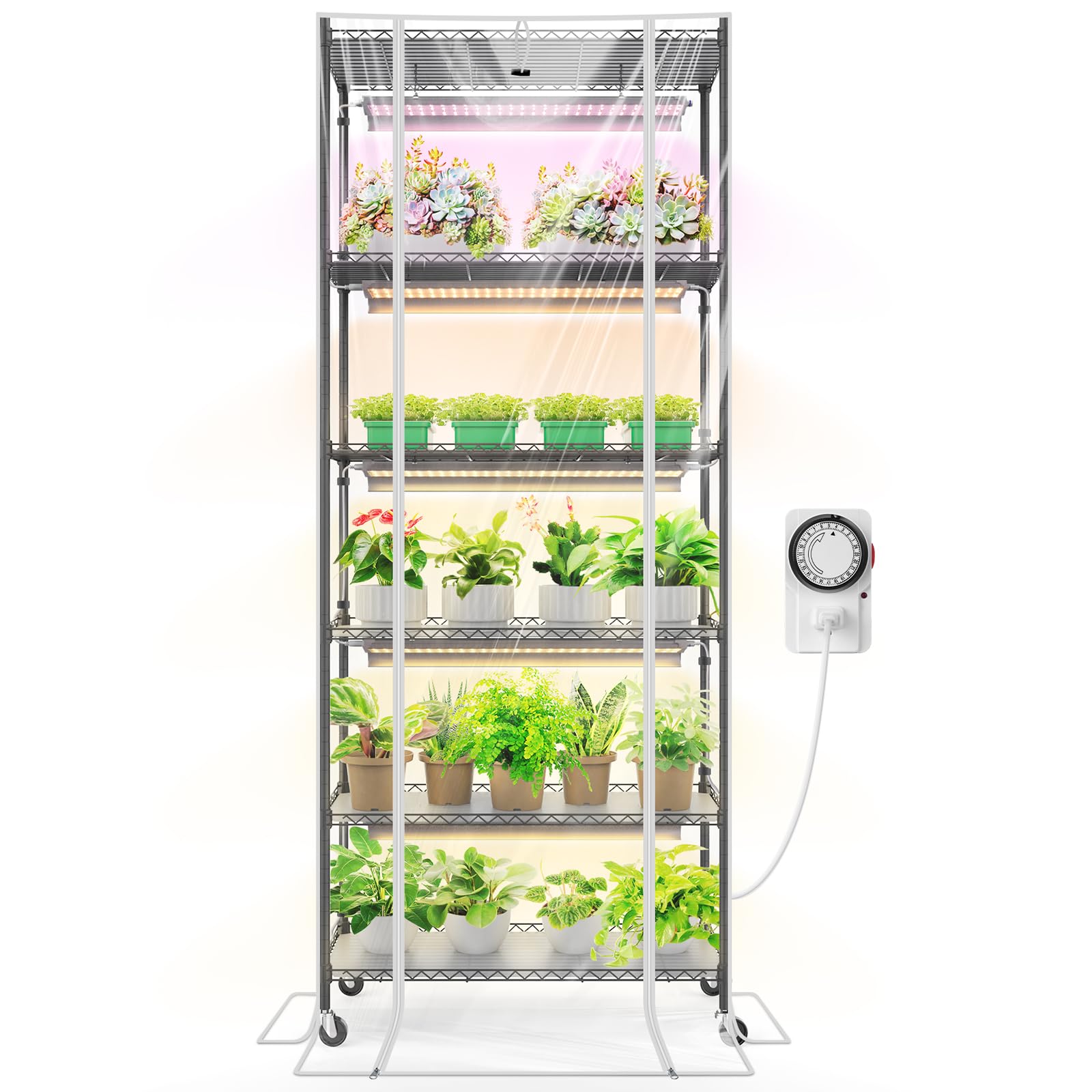Barrina Greenhouse with Grow Light for Indoor Plant & Seedlings, 6-Tier Plant Shelf with 5Pcs 2FT 30W and Full Spectrum Plant Lights, 3 Adjustable Spectrum and Timer, 29x14x71 Inches