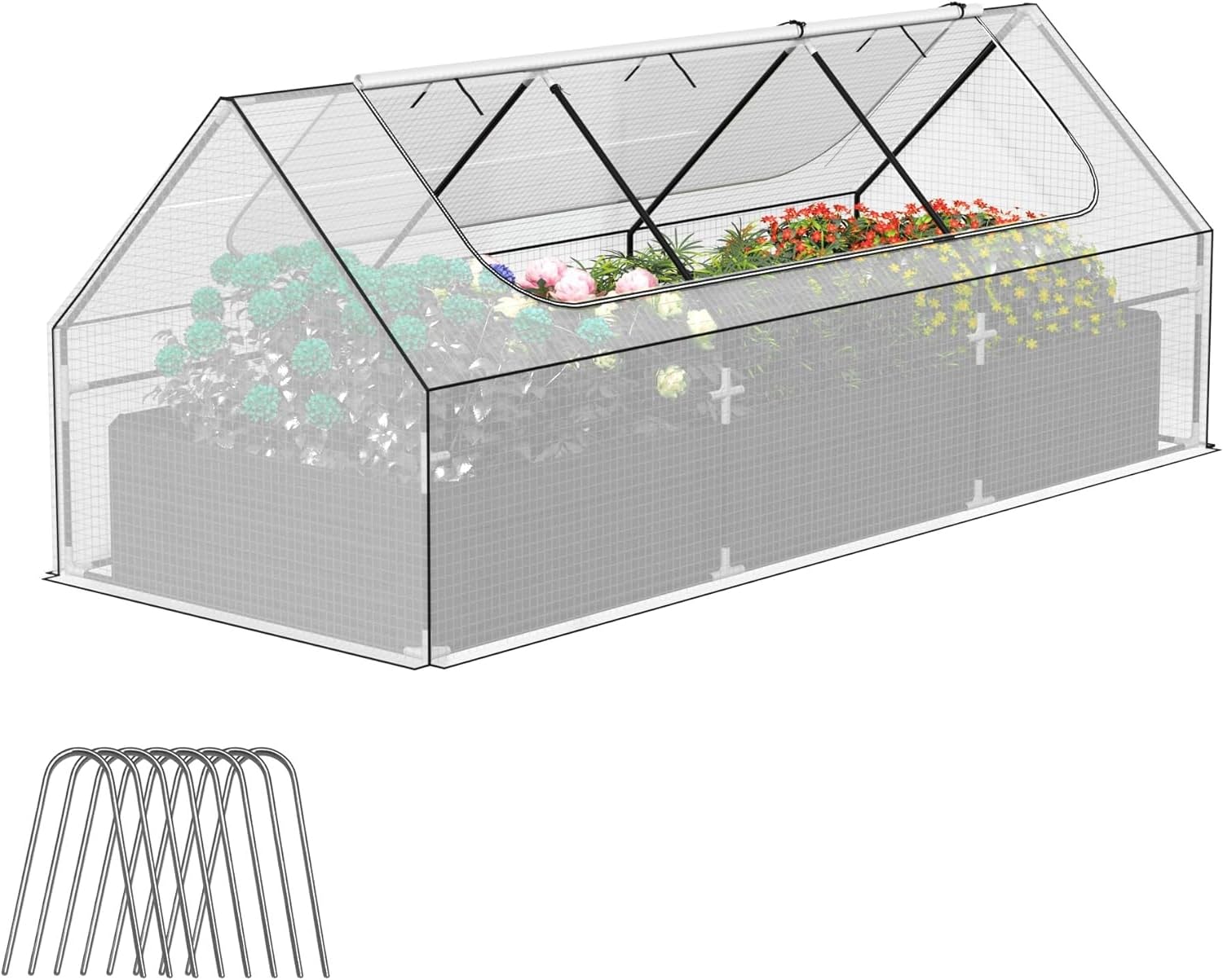 8x3x3ft Galvanized Raised Garden Bed with Cover, Greenhouse w/ Metal Planter Box, Plant Covers Freeze Protection w/ 2 Large Zipper Windows, for Outdoor Gardening. Clear
