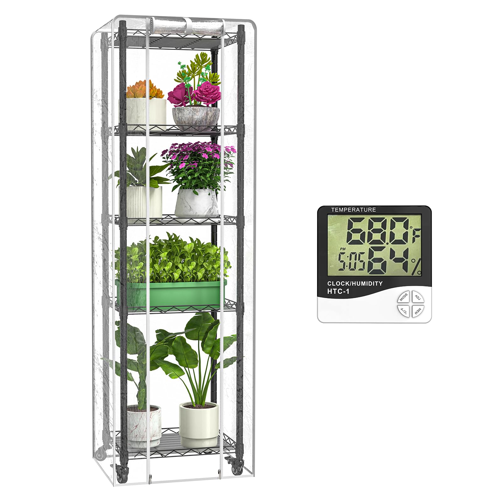 Mini 5-Tier Greenhouse for Indoor Outdoor, 15.7" L×11.8" W×62.3" H Portable Greenhouse with Clear PVC Cover and Metal Shelf for Growing Vegetables, Flowers and Seedlings, with Wheels