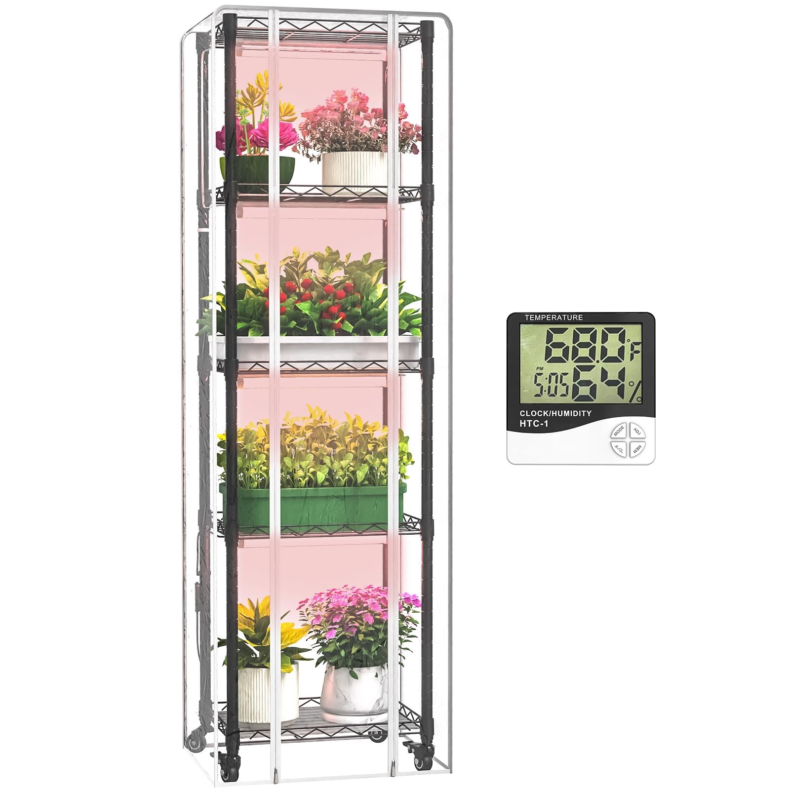Indoor Greenhouse with Grow Lights,with 40W Full Spectrum Growing Lamps for Seed Starting, 5 Tier 15.7" L×11.8" W×62.3" H Mini Greenhouse,Grow Light Shelf with Tent and Thermometer