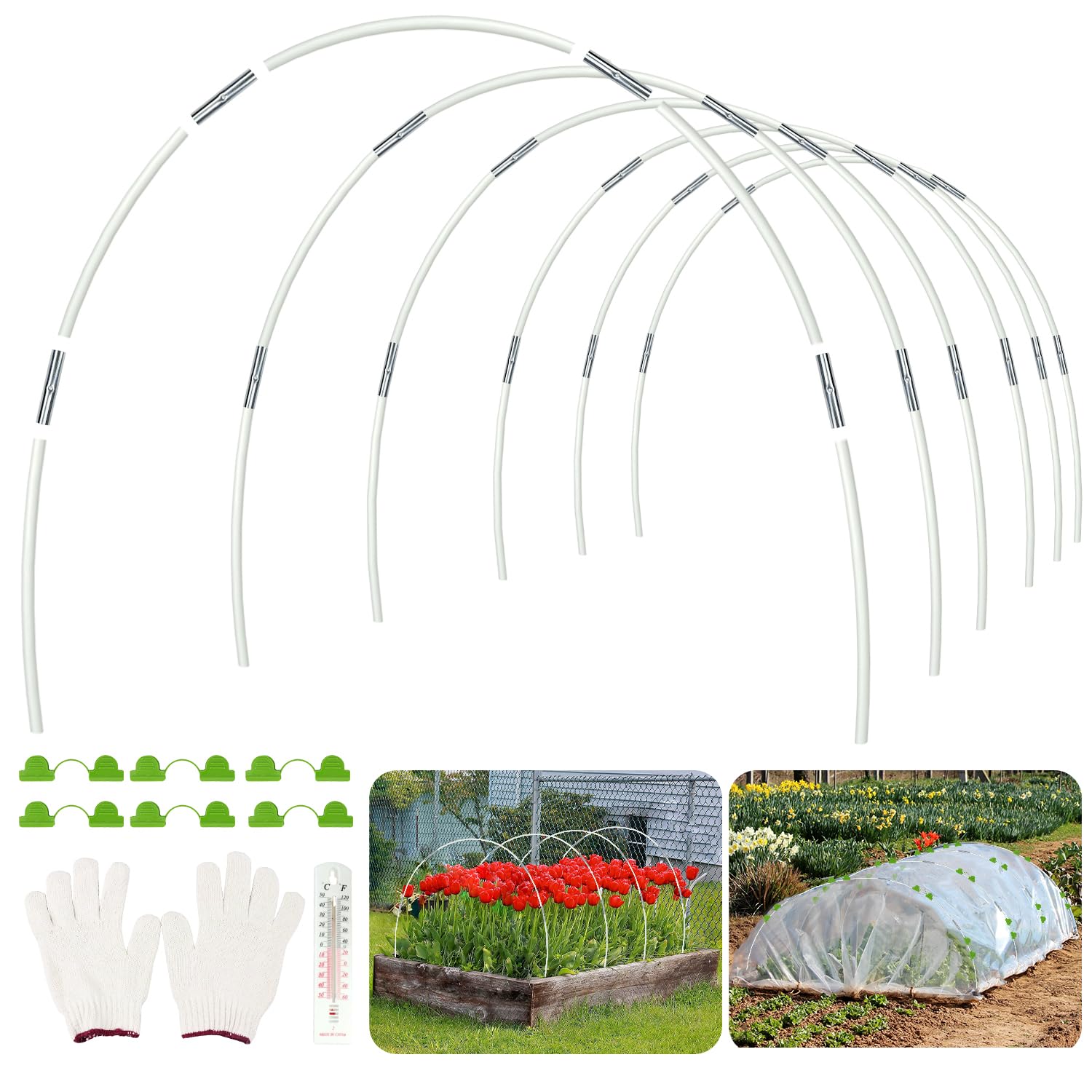 25 Pcs Greenhouse Hoops Garden Hoops for Raised Bed 5 Sets 7ft Long Grow Tunnel Hoop Row Cover Fiberglass Rods House Plant Support Stakes with Greenhouse Clamps
