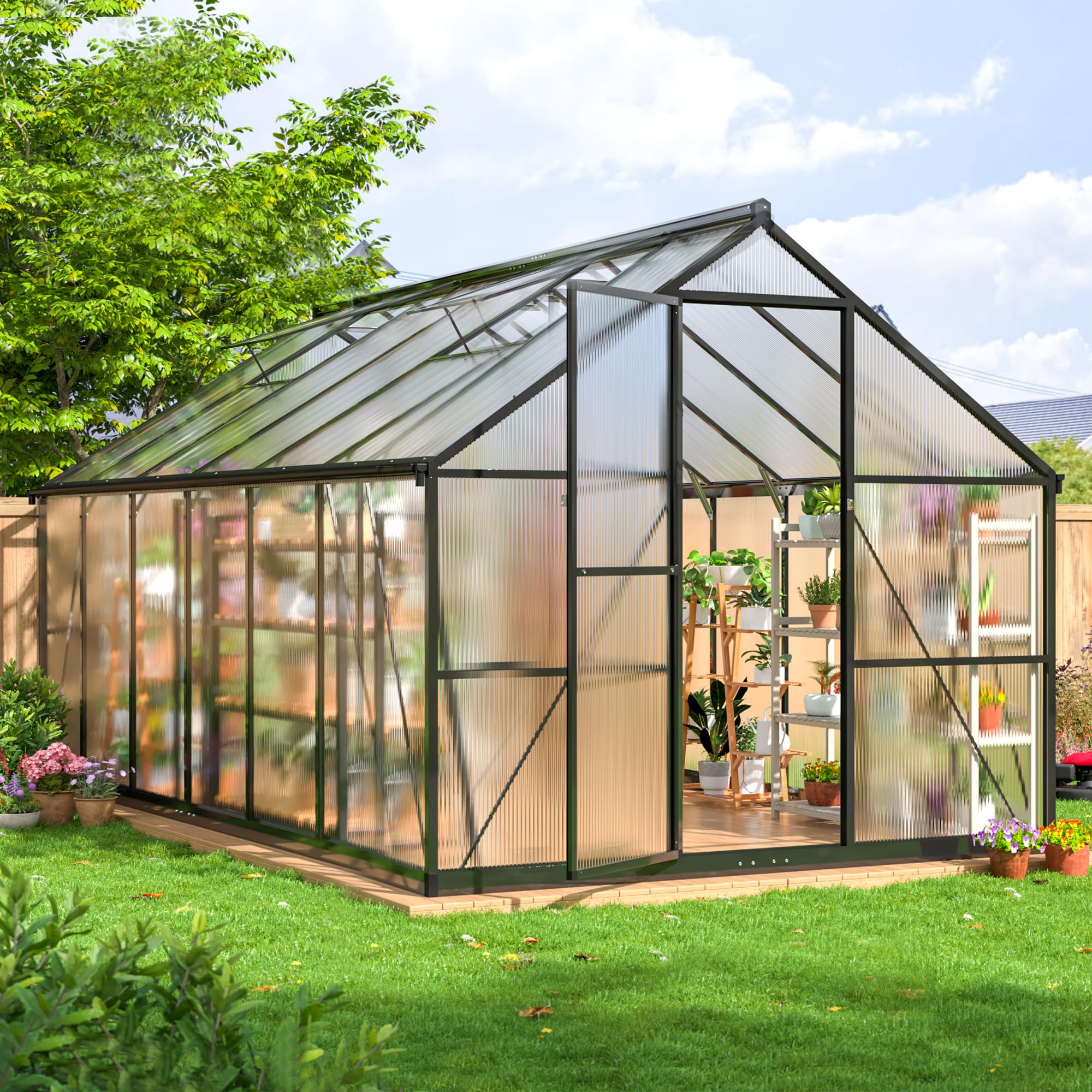 8x12 FT Greenhouse for Outdoors, Quick Setup Polycarbonate Greenhouse with Roof Vent, Aluminum Large Walk-in Greenhouse for Outside Garden Backyard, Black