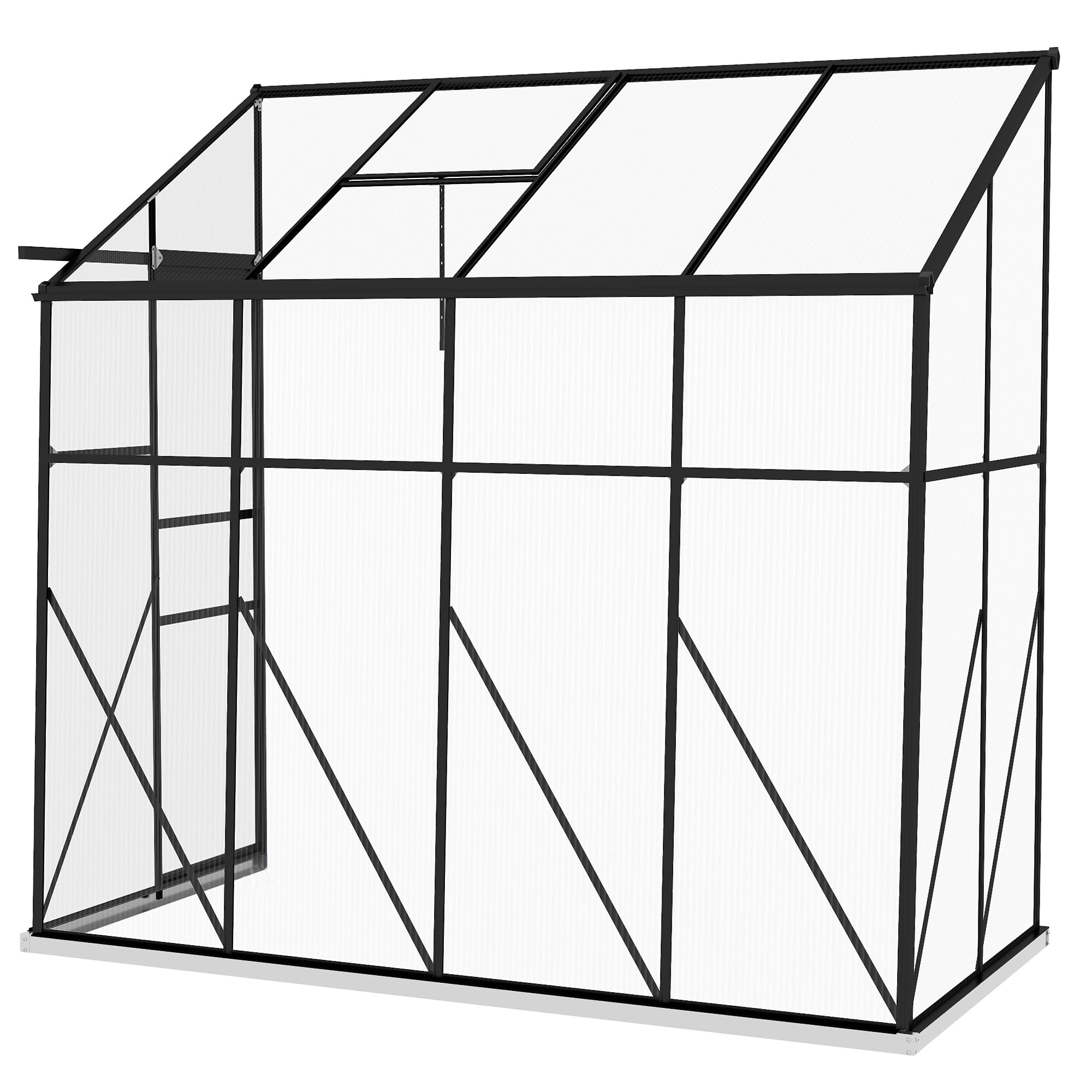 Outsunny 8' x 4' Lean-to Polycarbonate Greenhouse, Walk-in Green House with Sliding Door, 5-Level Roof Vent, Rain Gutter, Hobby Garden Plant Hot House with Aluminum Frame and Foundation, Black