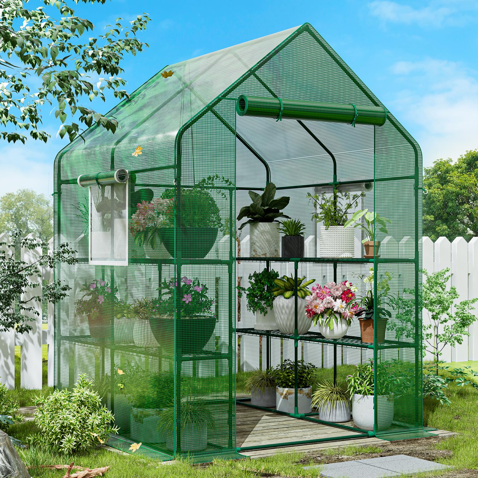 Greenhouse for Outdoors or Indoors, Heavy Duty Walk-in Plant Green Garden Hot House with Thicken PE Cover and Steel Frame, 57×57×77-Inch Portable Small Greenhouses Kit with Window and Anchor