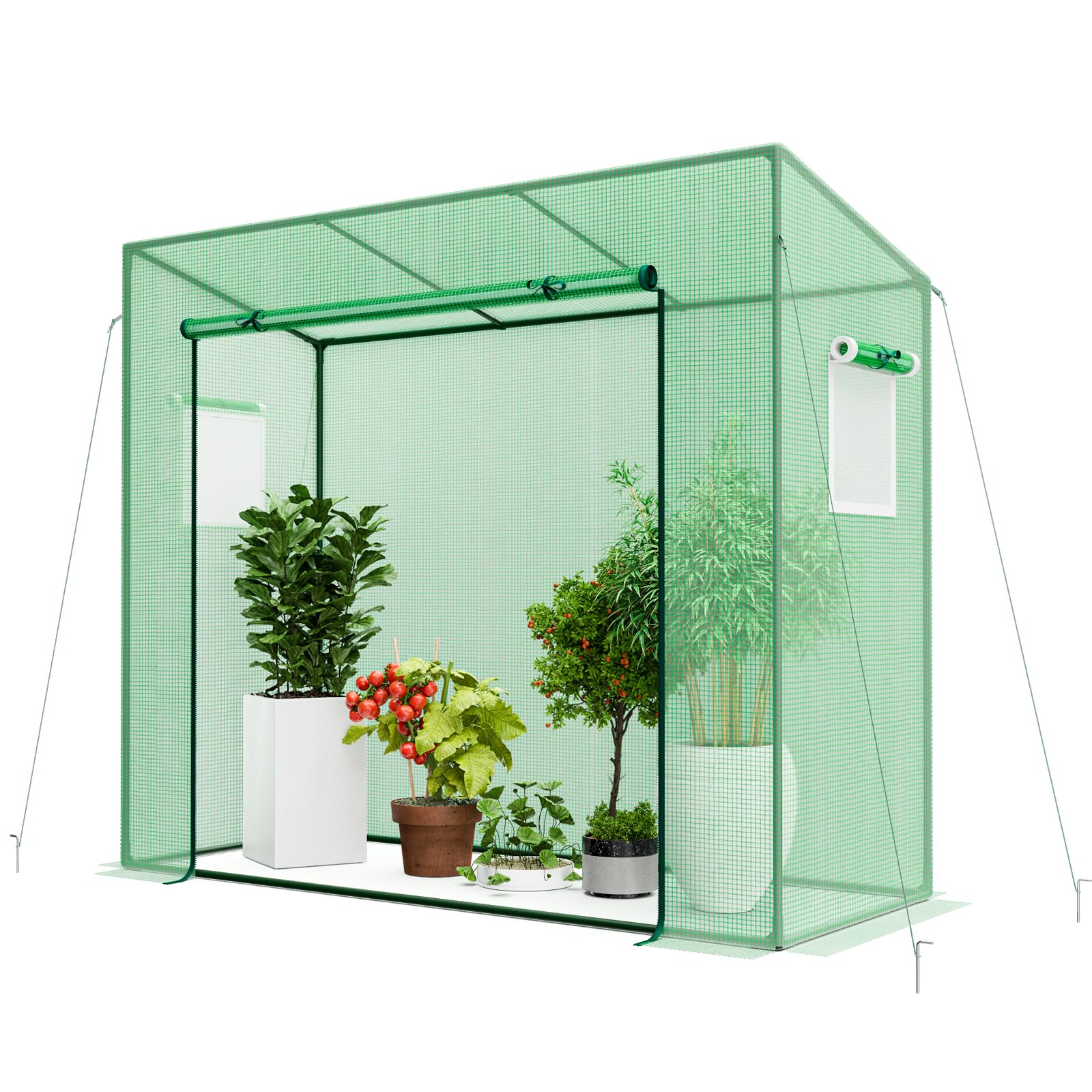 Happygrill Portable Mini Greenhouse, Walk-in Greenhouse w/PE Cover, 4 Wind Ropes & Ground Stakes, Roll-up Zipper Door, Double-Layer Screen Windows, Greenhouses for Outdoors, 6.6 x 2.5 x 5.6 FT