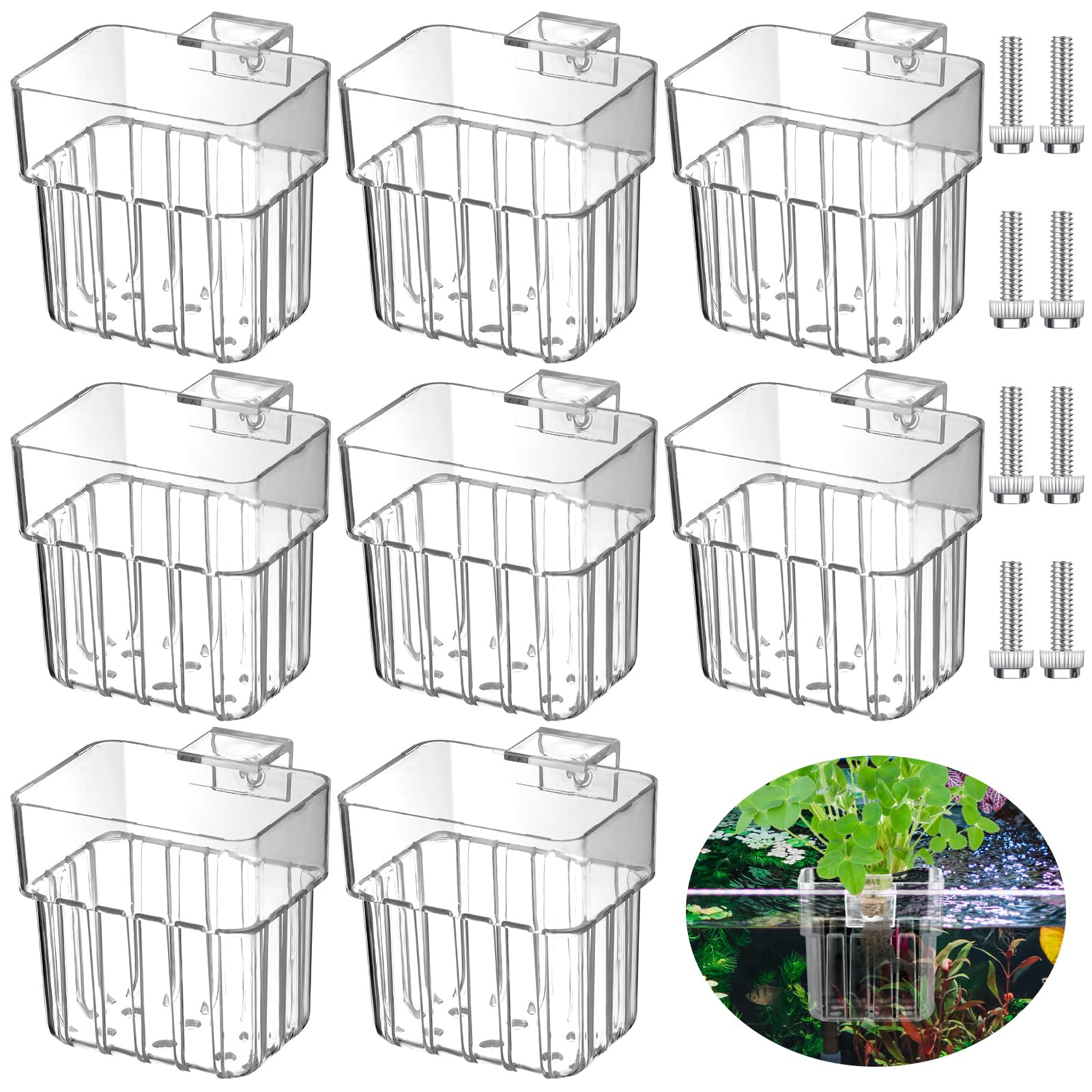 Dandat 8 Pcs Clear Acrylic Aquarium Plant Holder with Hooks Top Aquarium Plant Fish Tank Plant Cup Pots Aquascape Decoration for Aquaponic Plant Cultivation Aquarium Water Feature Decoration