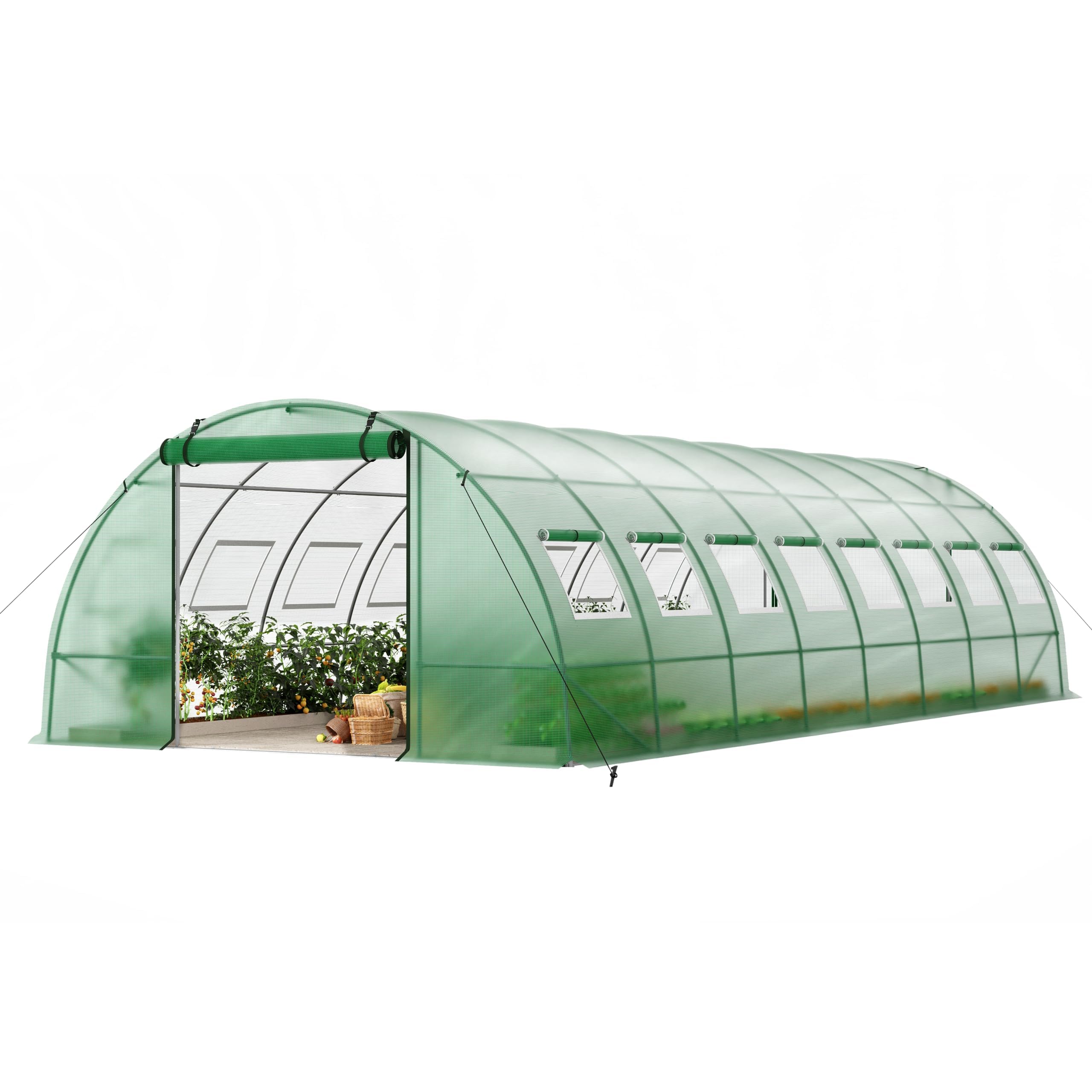 PHI VIILA 26'x12'x6.6' Large Walk-in Greenhouse, Heavy Duty Green House Outside with Galvanized Steel Frame, High Tunnel PE Cover, 2 Zipper Screen Doors, Large Greenhouses for Outdoors (Green)