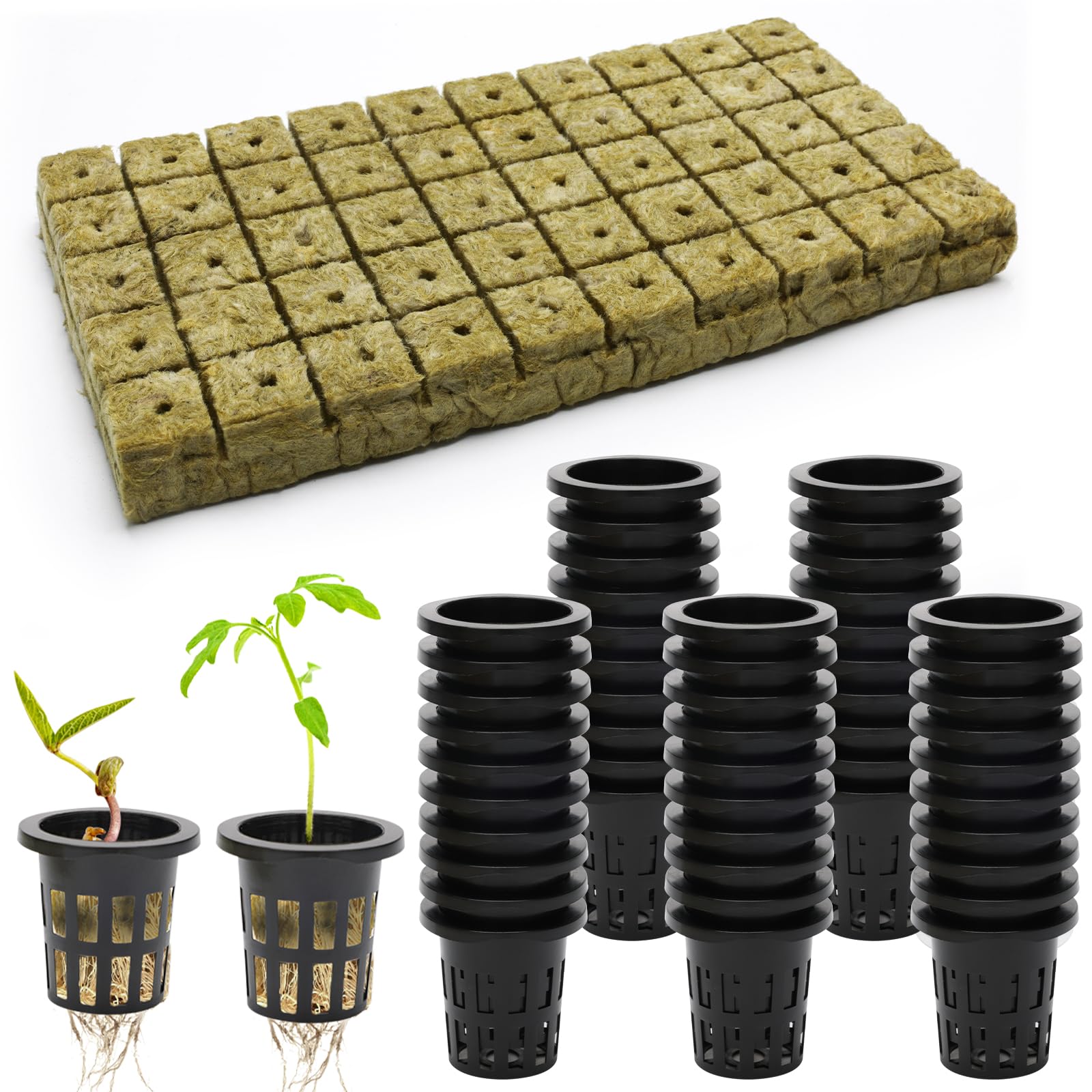 100 Pcs Rockwool Cube for Hydroponics with Net Pot, 50P 1Inch Rockwool Stonewool Plug & 50P 1.5Inch Net Cup for Seed Starter Soilless, Hydroponics, Plant Germination Start (Black)