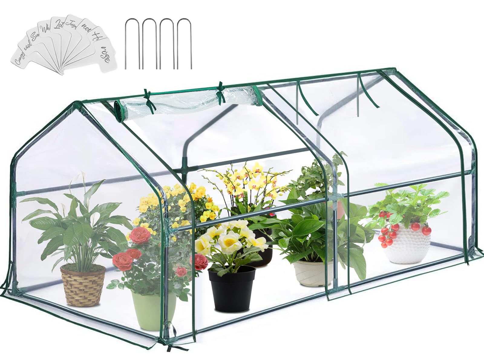 Greengro Mini Greenhouse, 71" x 36" x 36" Portable Greenhouses for Outdoors with Roll-up Zipper Door, Ground Stakes & 20 T-Shaped Plant Tags, Waterproof UV-Resistant Green House for Indoor Outside