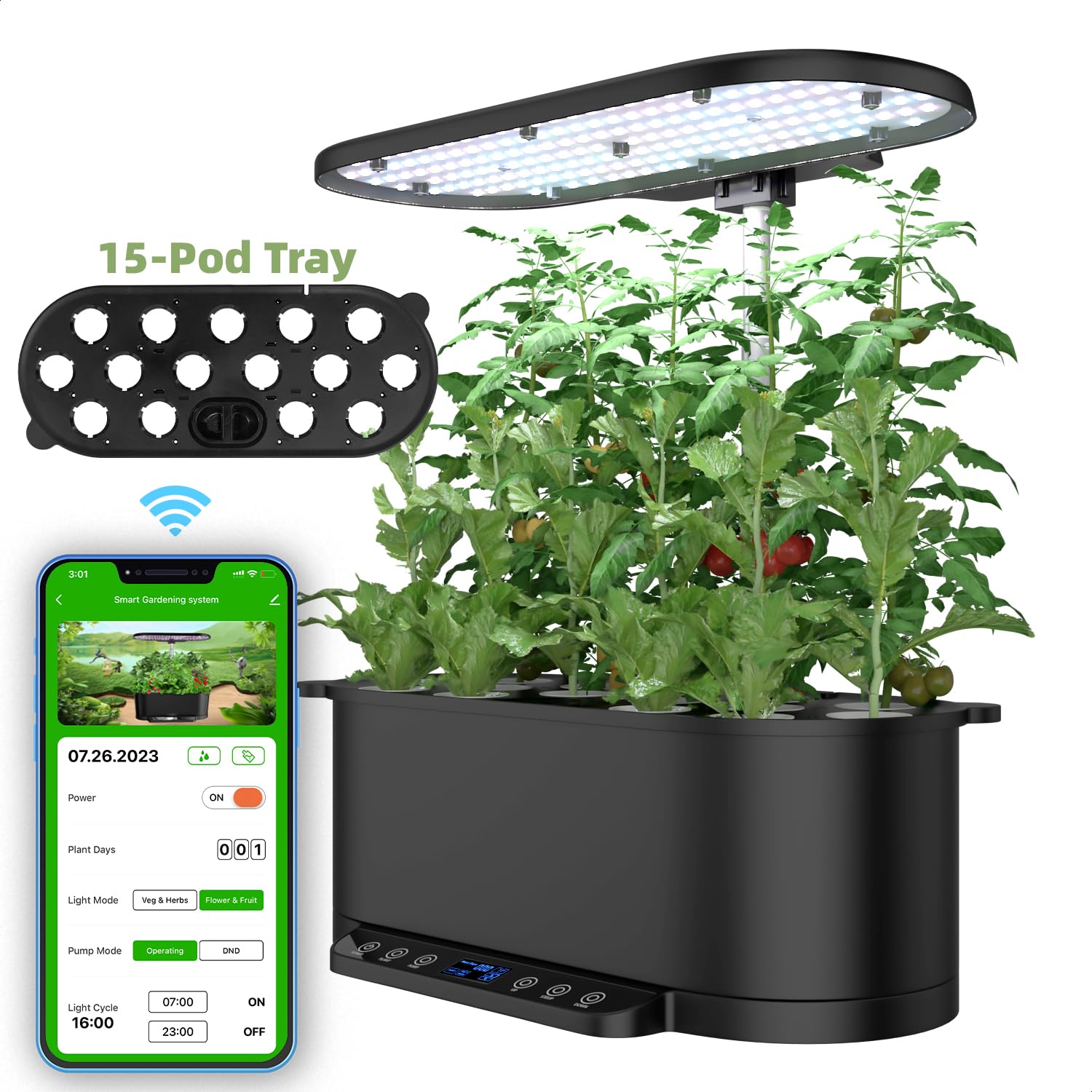 Hydroponics Growing System with Aquaponic Fish Tank, 15 Pods Indoor Herb Garden System, Herb Garden Kit with LED Light, Silent Water Pump, Adjustable Height,