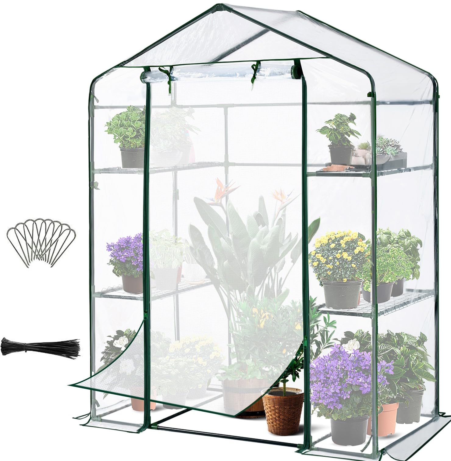 Quictent Greenhouse for Outdoors, Mini Walk-in Portable Flower Garden Plant Kit Outside, Heavy Duty 3 Tiers 4 Shelves Steel Frame & Durable Cover W/ Screen Door, 4.7x2.4x6.4 FT, Clear