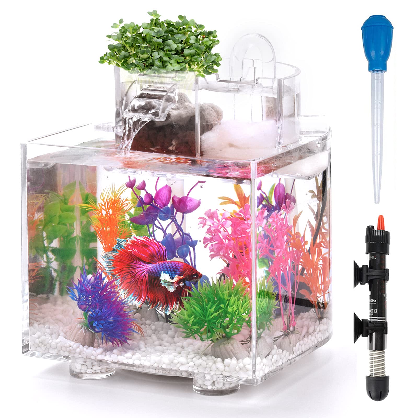 Betta Fish Tank, 1.6 Gallon Aquarium, Upgrade Hydroponics Growing System, Beta Fish Tank Self Cleaning with Heater and Filter, Aquaponic Fish Bowls Decorations for Water Plant Garden