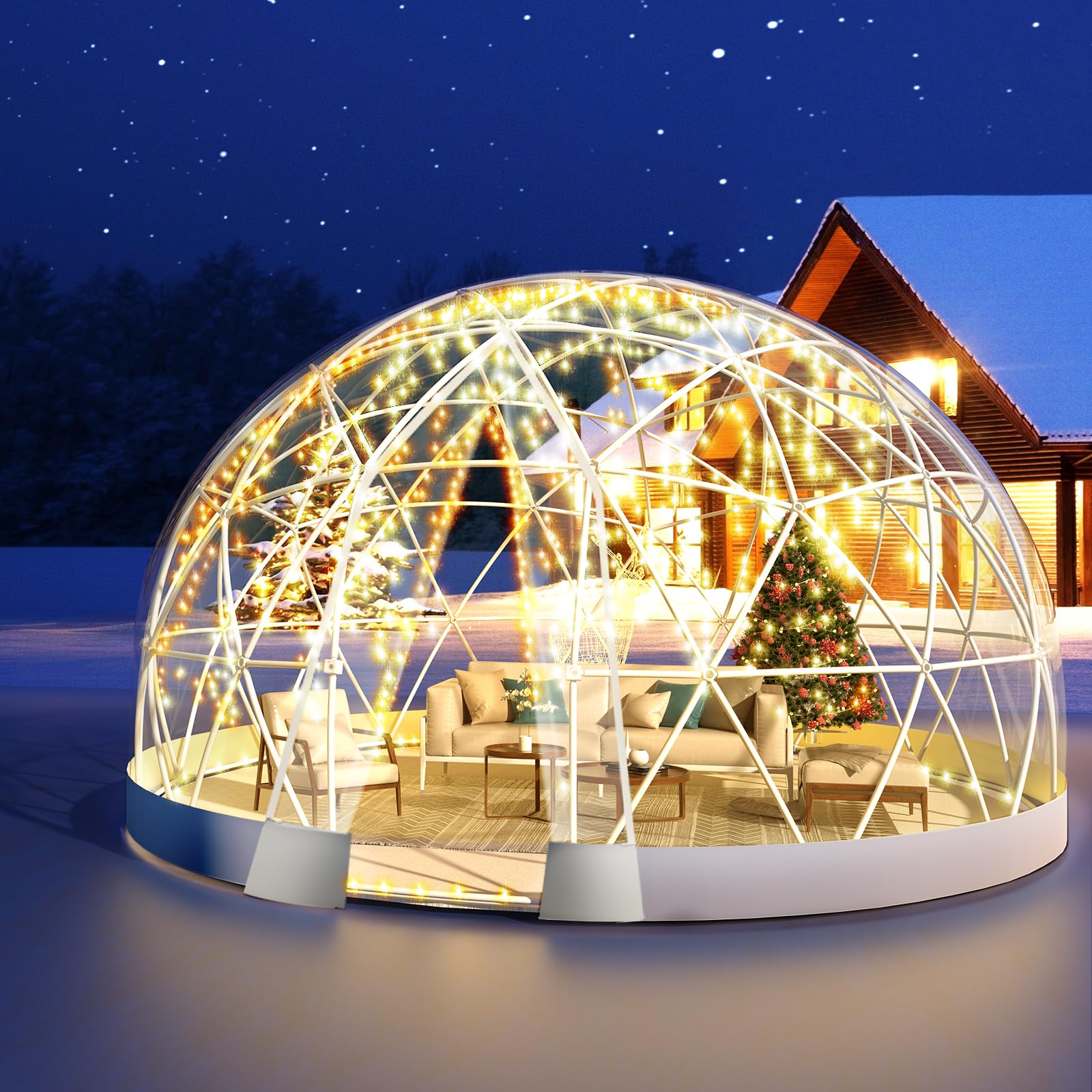 12FT Garden Dome lgloo, Geodesic Dome Greenhouse with PVC Clear Cover, Waterproof Garden Bubble Dome Tent House with 2 x 10M Light Strings for Outdoor, Patio, Backyard, Party (White, 12FT/3.6M)