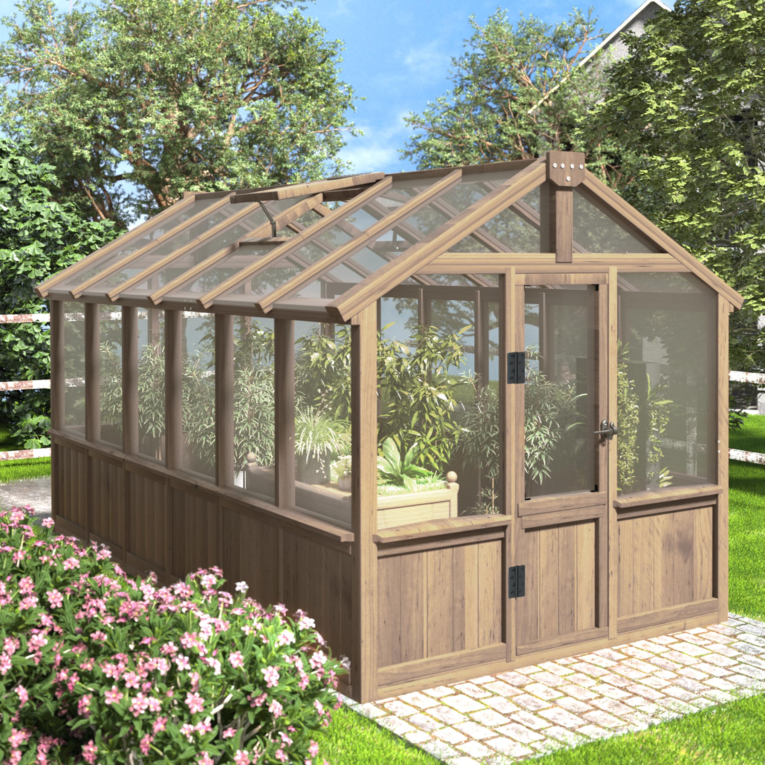 6x12 FT Greenhouse Kit for Outdoor, Polycarbonate Wooden Walk-in Green House with Lockable Door and Adjustable Roof Vent, Backyard Garden, Light Mocha Brown