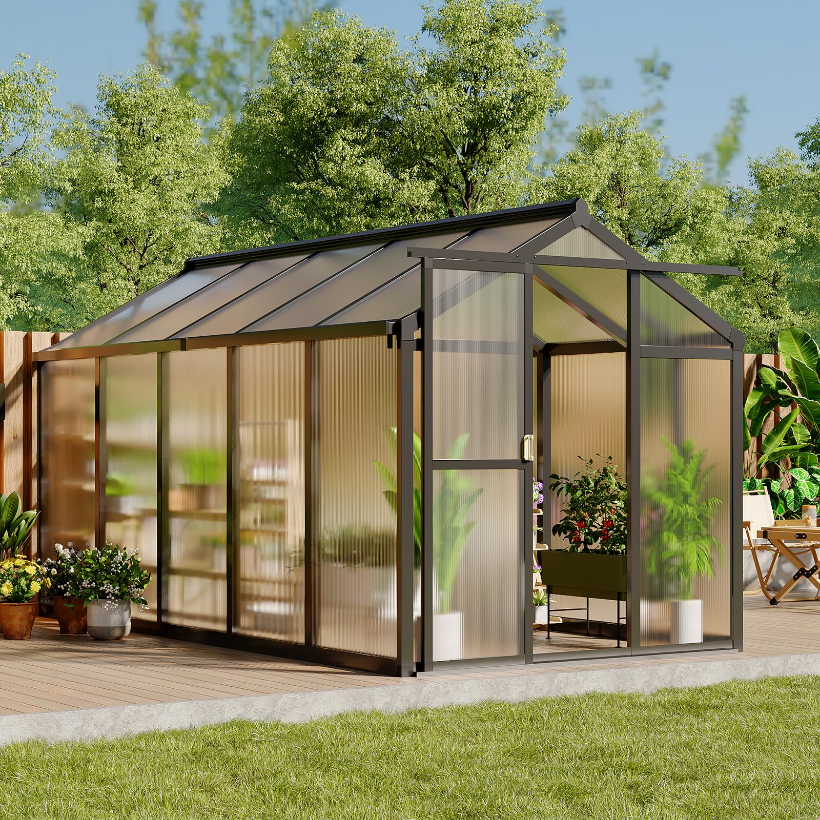 6 x 10 FT Greenhouse, Greenhouse for Outside, Polycarbonate Greenhouse with Aluminum Frame, Lockable Door and Ajustable Roof Vent for Backyard, Green Houses for Outside Garden Backyard, Patio