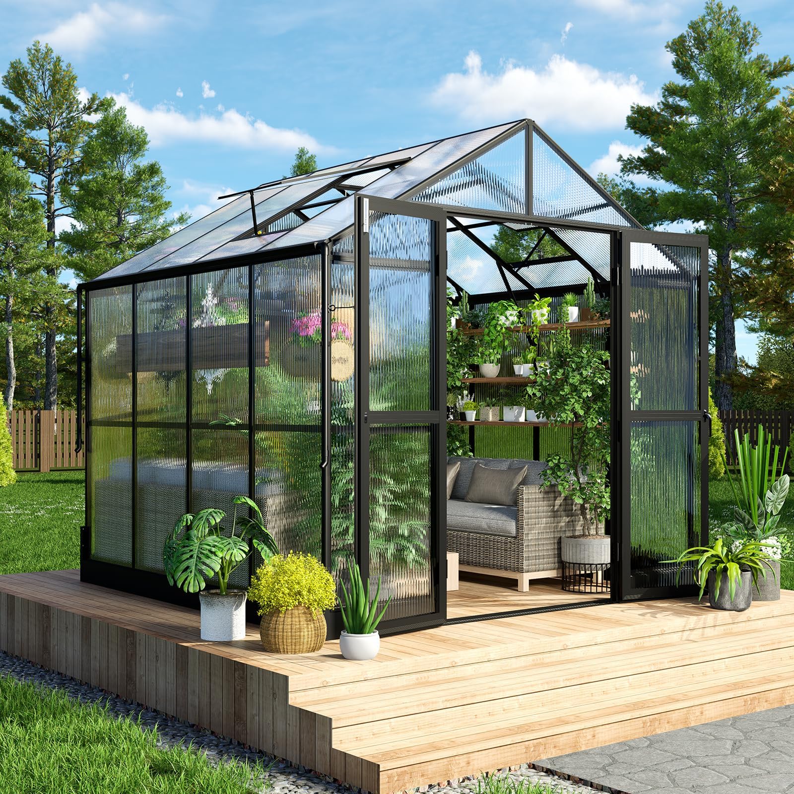 HOWE 8x8x7.5 FT Polycarbonate Greenhouse Double Swing Doors 2 Vents 5.2FT Added Wall Height, Walk-in Large Aluminum Greenhouse Winter Sunroom Greenhouse for Outdoors, Black