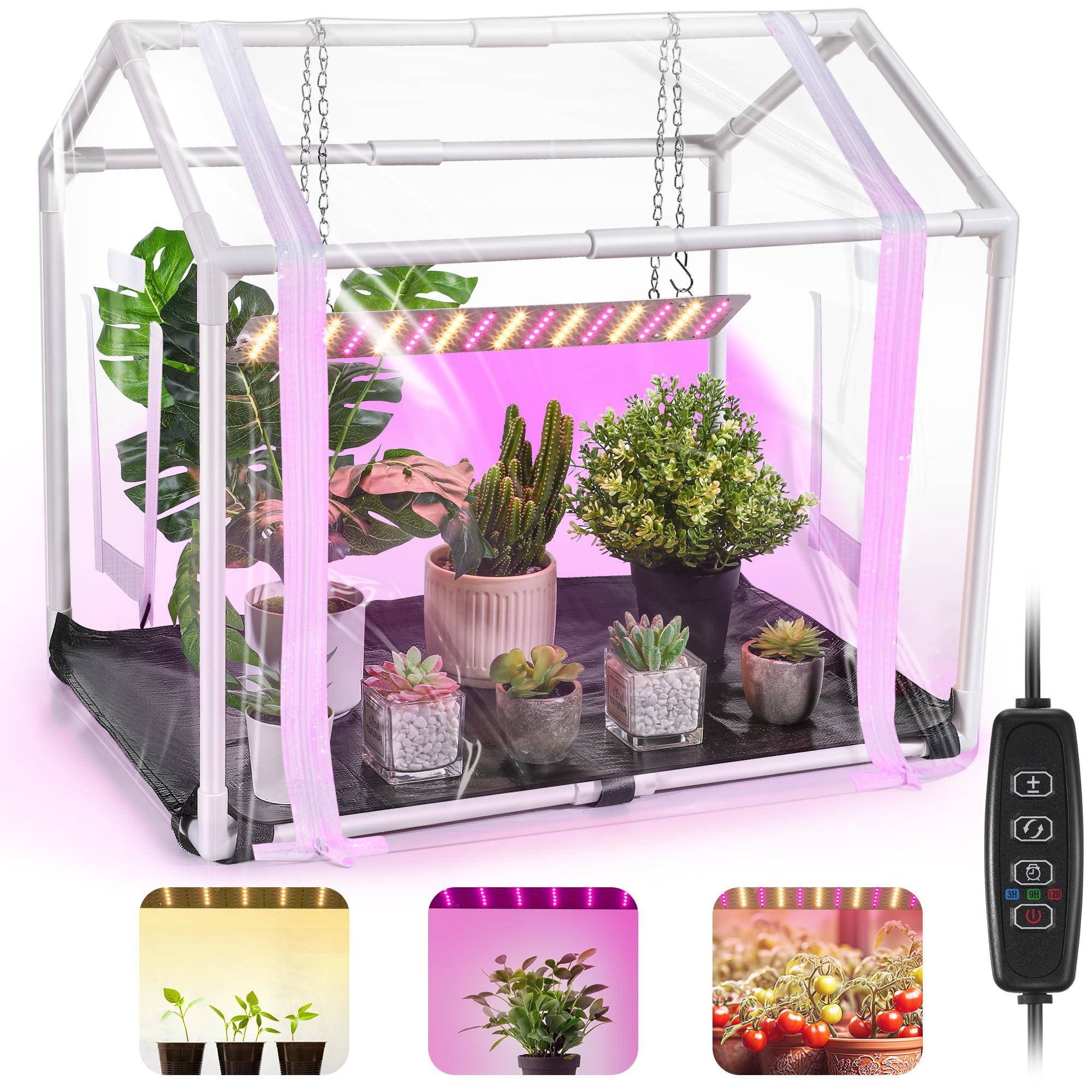 Meonum Mini Greenhouse with Grow Light for Indoor, Tabletop Small Greenhouse Kit with Bottom Mat for Waterproof, 15W Plant Dimmable LED Grow Lights and Timer, 3 Light Color Mode for Seed Starter Tray