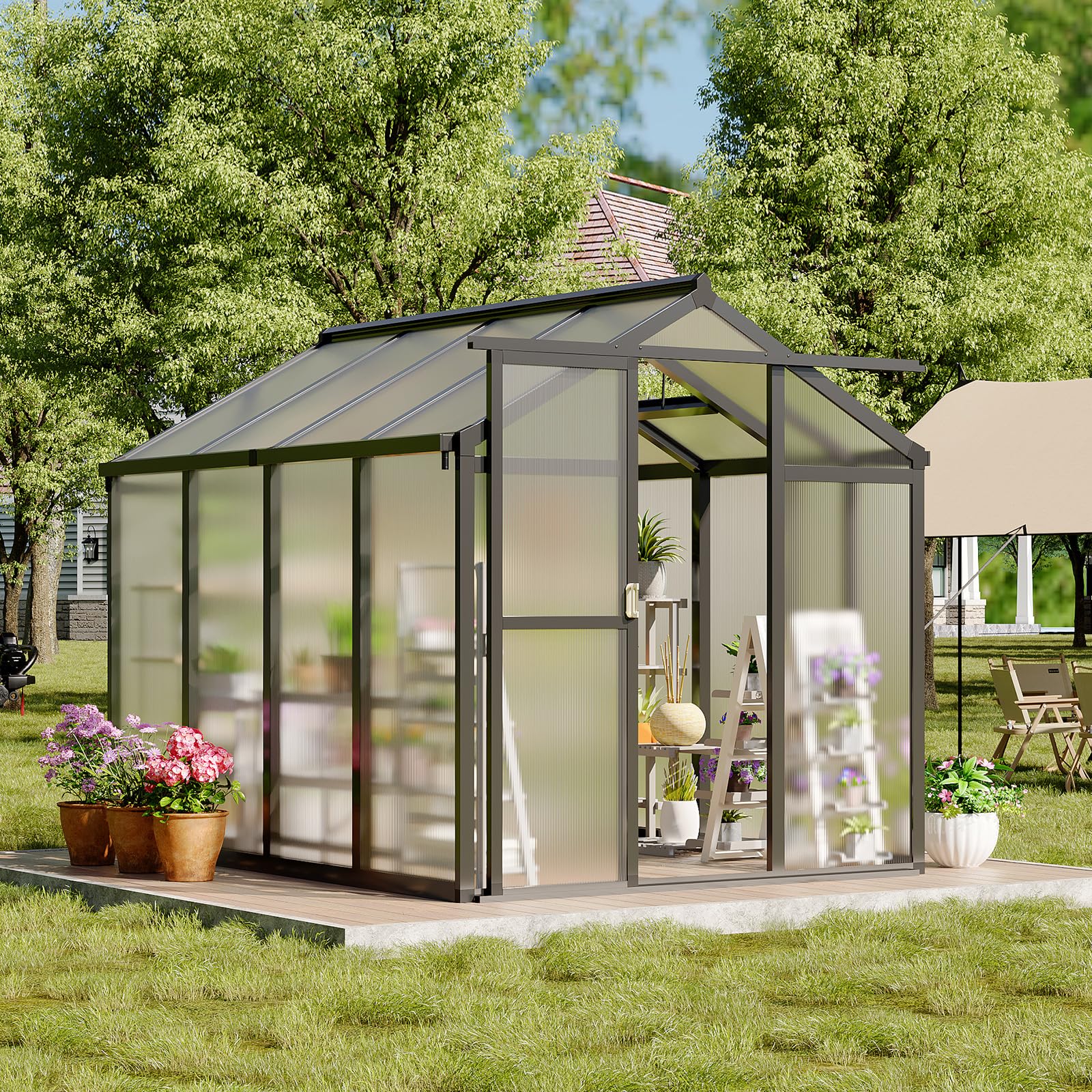 6x8 Ft Polycarbonate Greenhouse, Walk-in Aluminum Greenhouse for Outdoors with Roof Vent, Pc Panel Garden Plant Green House for Lawn, Patio, Sliding Door, Rain Gutter, Black
