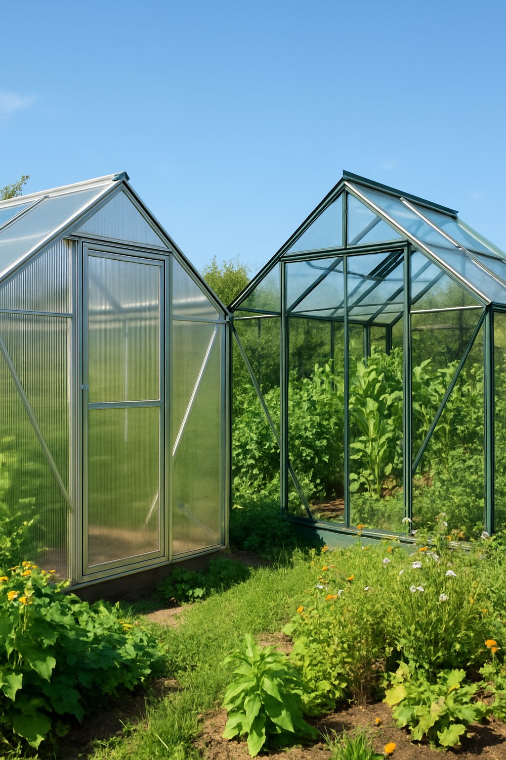 Side-by-side comparison of a polycarbonate greenhouse and a glass greenhouse in a garden with plants under a clear sky.