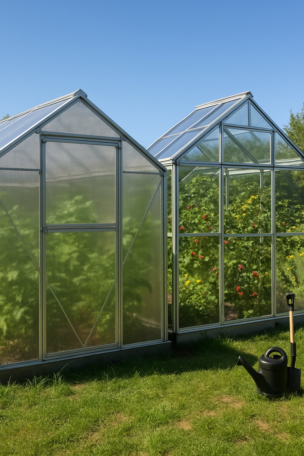 Side by side comparison of a polycarbonate greenhouse and a glass greenhouse in a garden with plants growing inside each.